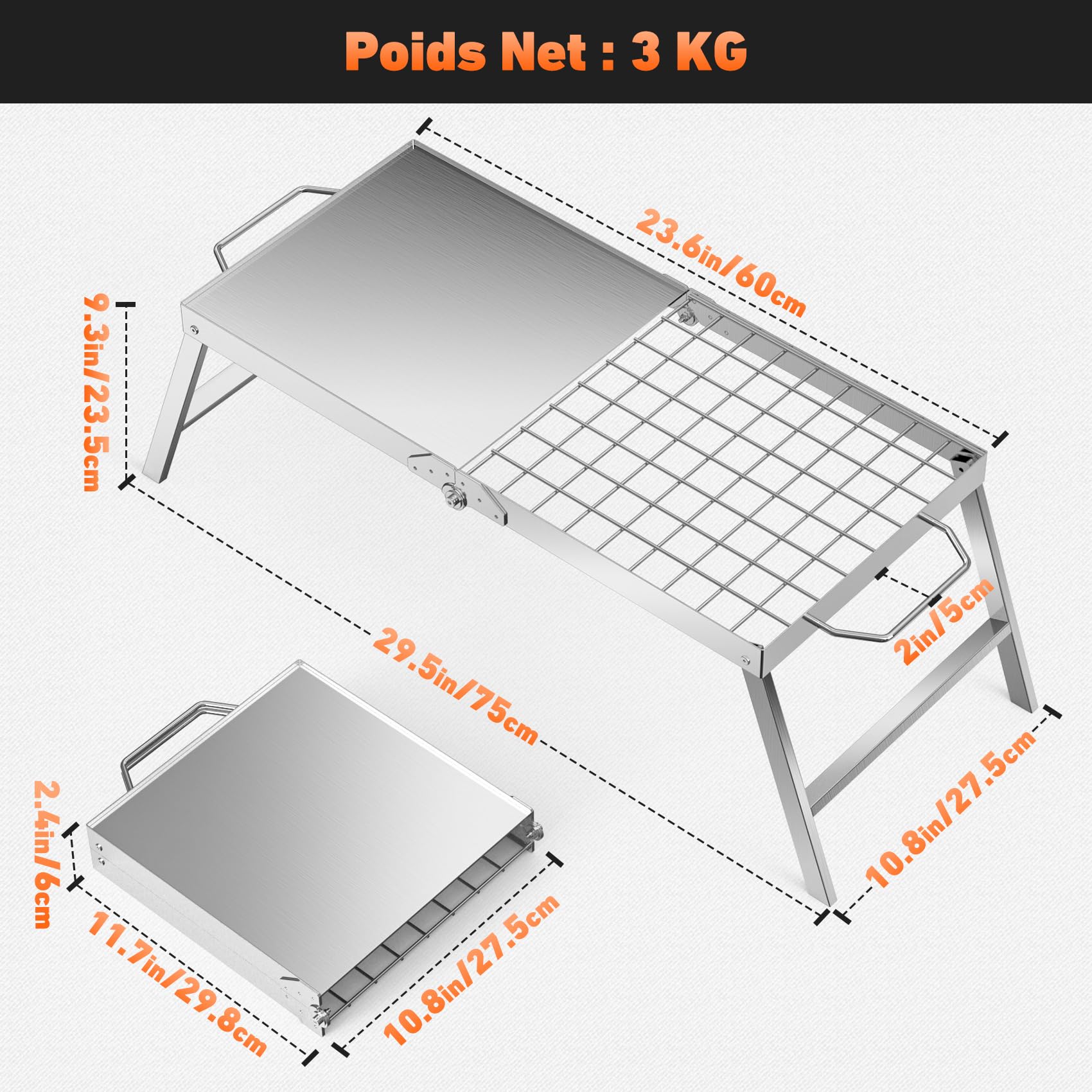 onlyfire Barbecue de Camping Pliable 2-en-1 en Acier Inoxydable | Plancha et Grille pour Feu de Camp, Format Valise, Charge 20 kg, Sans Montage, 60 × 28 × 24 cm