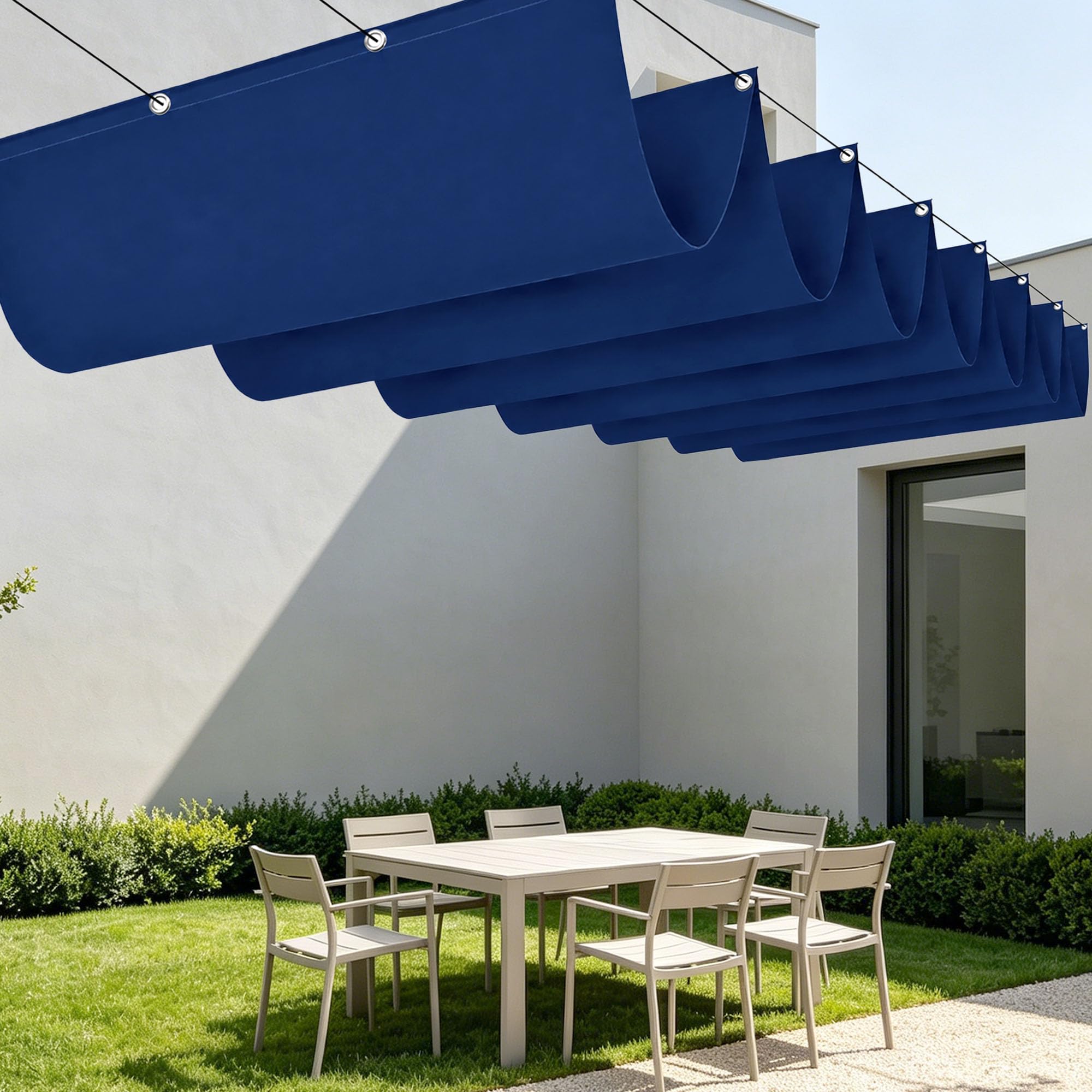 Voile d'ombrage vague rectangulaire 150x800 cm bleu foncé pour terrasse et jardin