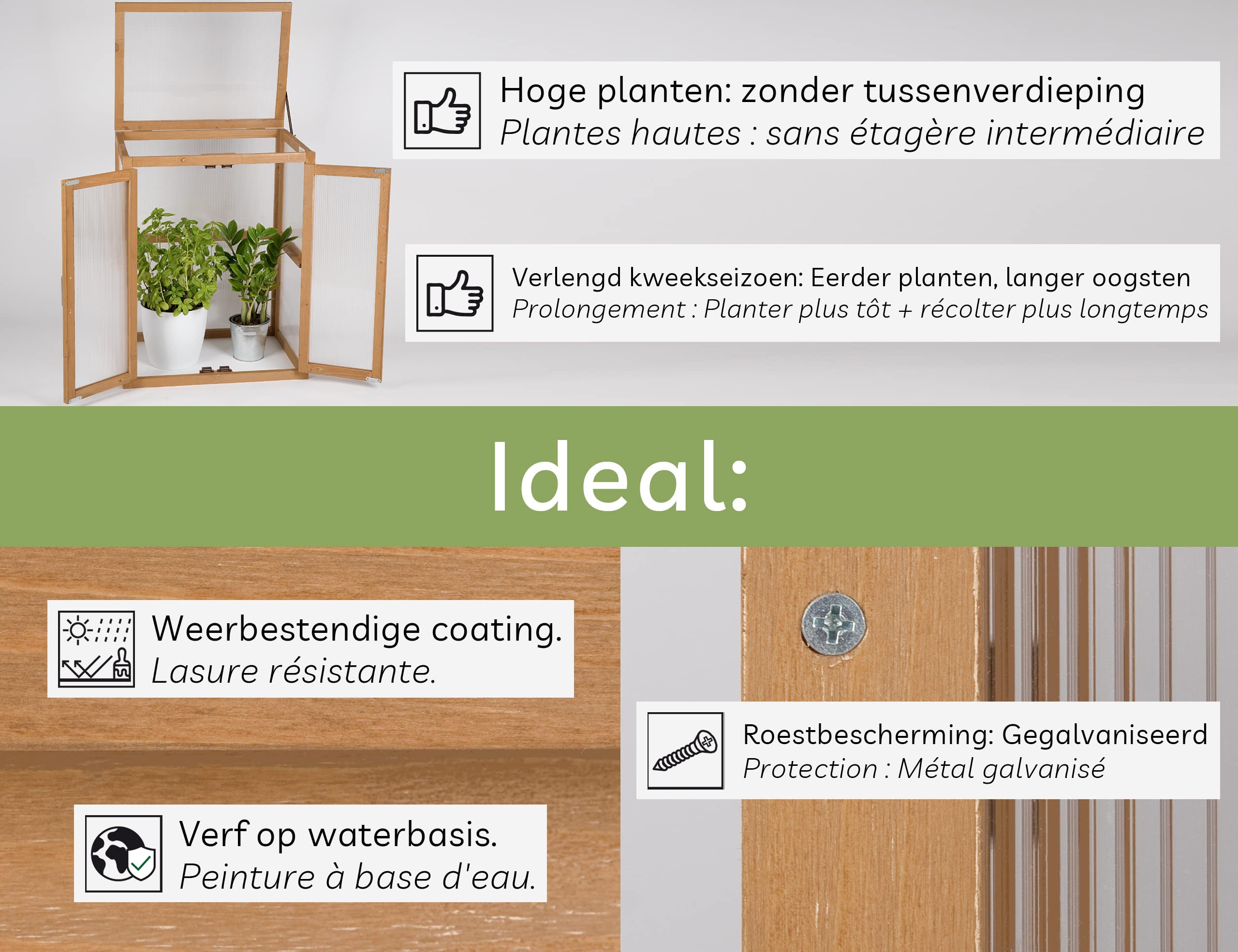 needs&wants® Mini Serre en Bois Exterieur - Serre de Jardin semis Résistante au Froid pour Balcon, Jardin, Intérieur, Abri Surélevé pour Plantes, 56x43x76 cm, Polycarbonate, Brun Foncé