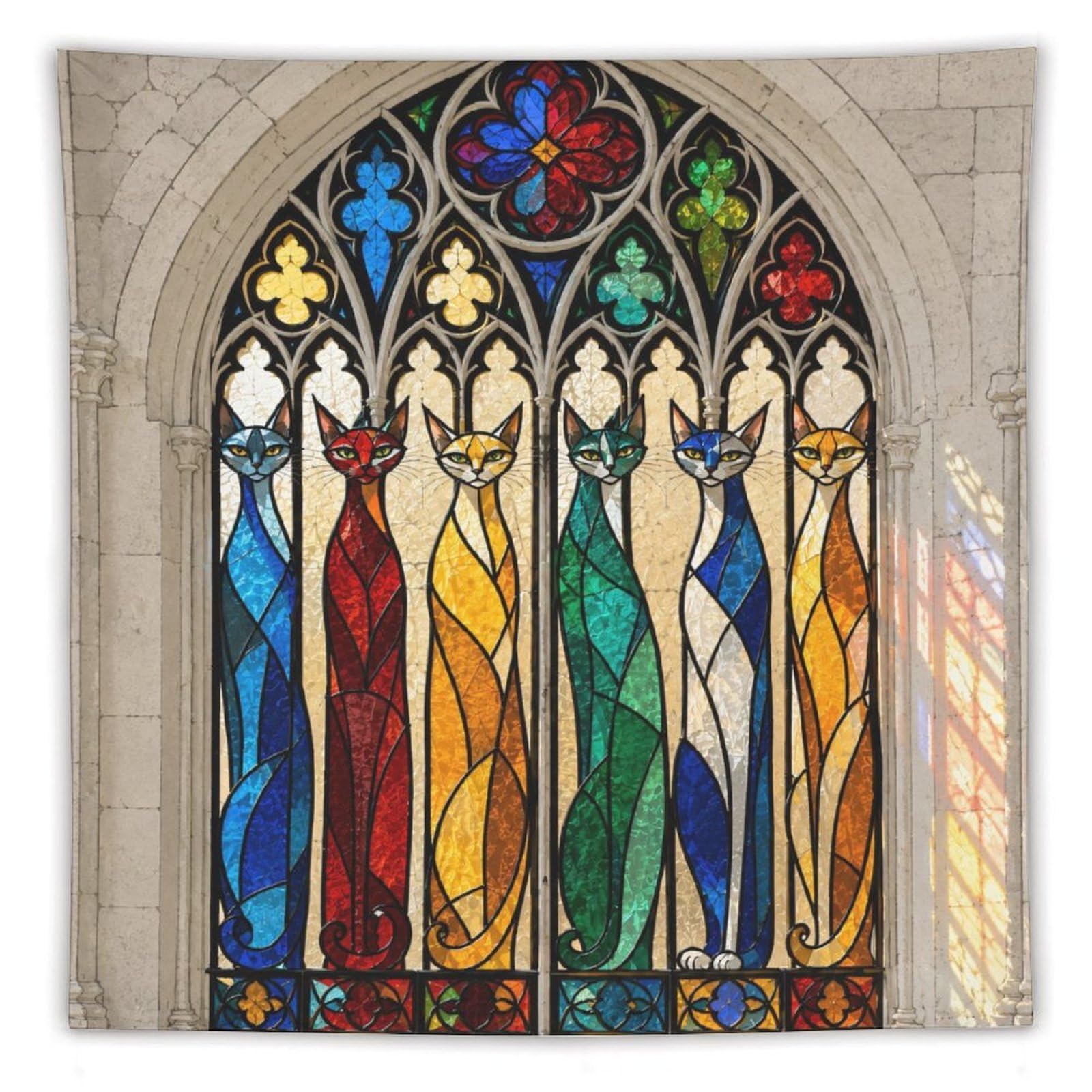 W7C8U2X3 Stained Glass Cats Wall Tapestry, Stained Glass, Colorful Animals