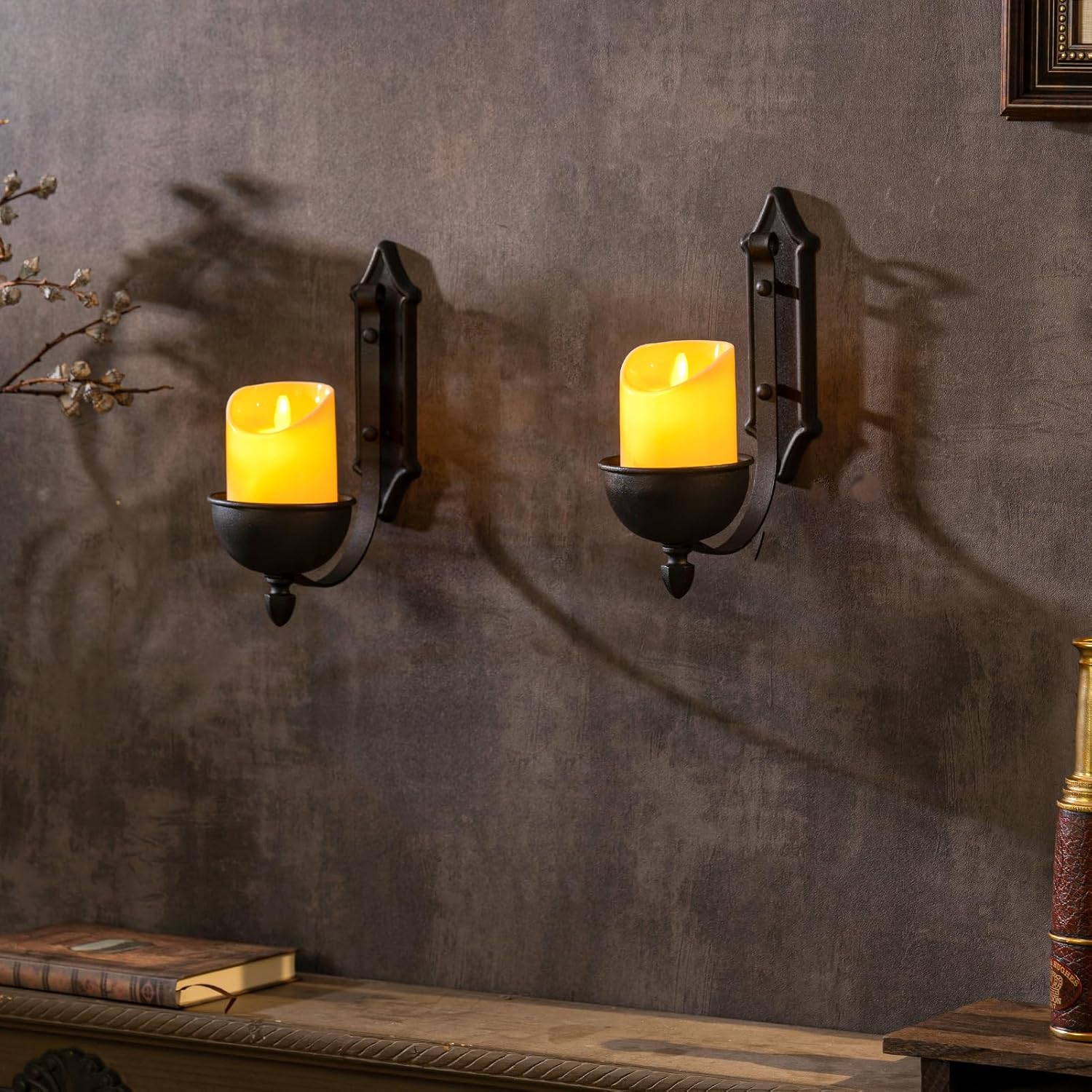 Aimto Wall Sconce Candle Holder Black Wall-Mount Metal Candle Holders Hanging Iron Wall Candle Sconce for Home,Living Room, Bathroom, Dining Room, Set of 2