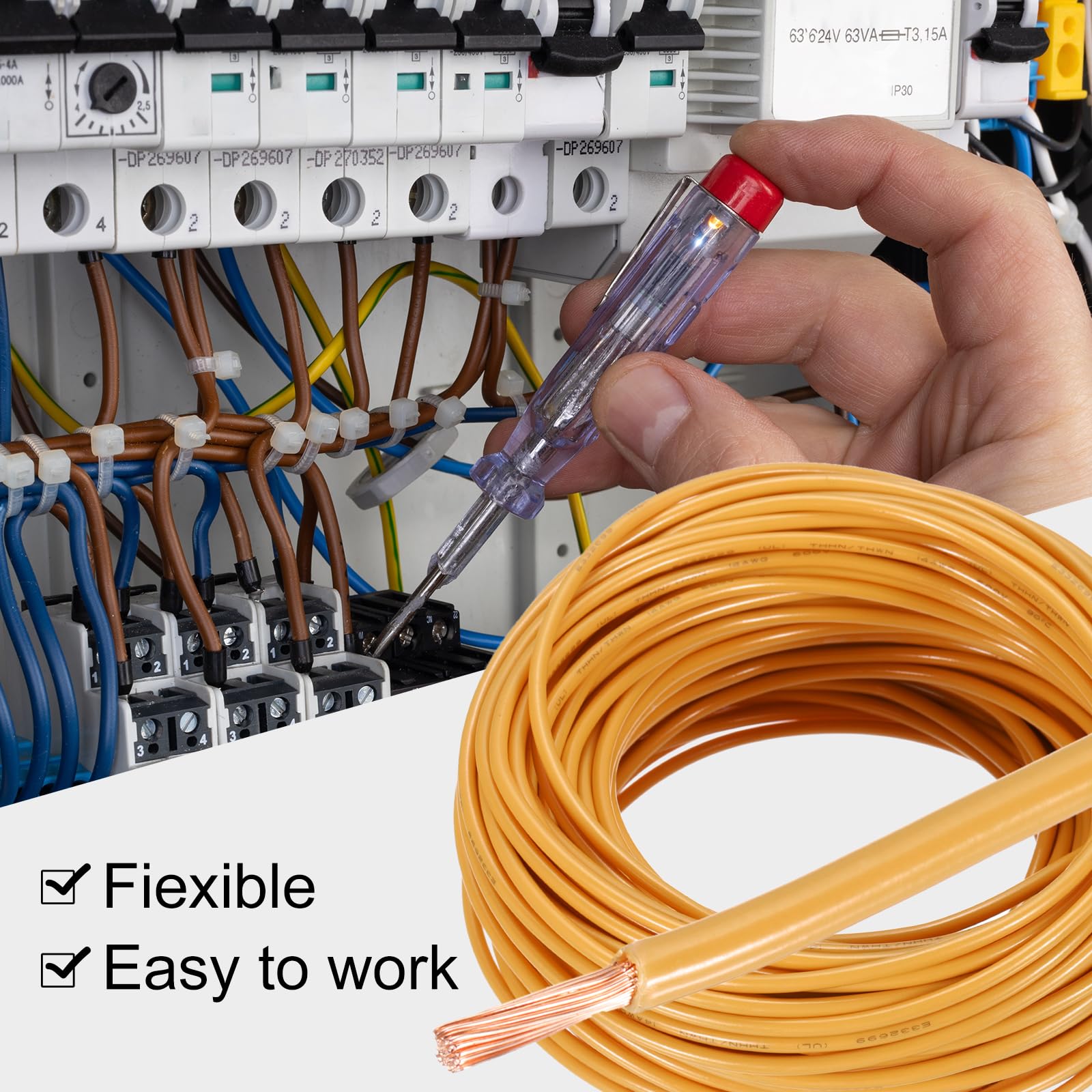 QUARKZMAN Cable Eléctrico Aislado De Cobre Trenzado De 75 Pies 12 AWG Cable De Conexión THHN Cable Residencial Industrial Para Puesta A Tierra Clasificado Para 600 Voltios Listado UL Naranja