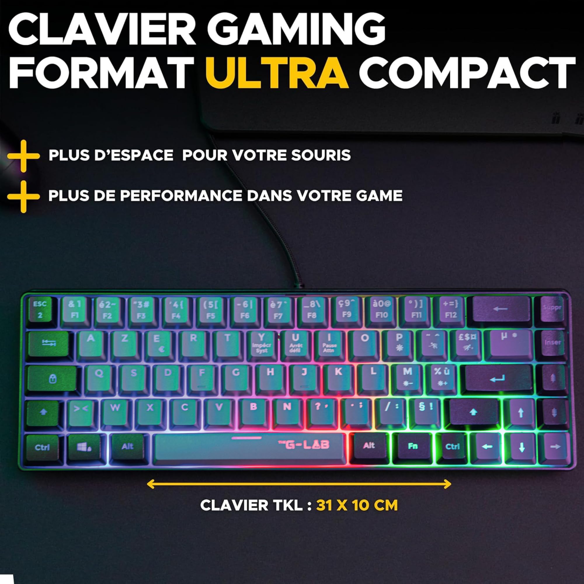 The G-Lab - Combo Hydrogen - Pack Clavier Souris Gamer, Clavier Gamer 65% Filaire, Rétroéclairage RGB, azerty, Format Compact + Souris Gaming RGB, 6 Boutons, 7200 DPI - PC/PS4/PS5 – Gris/Noir