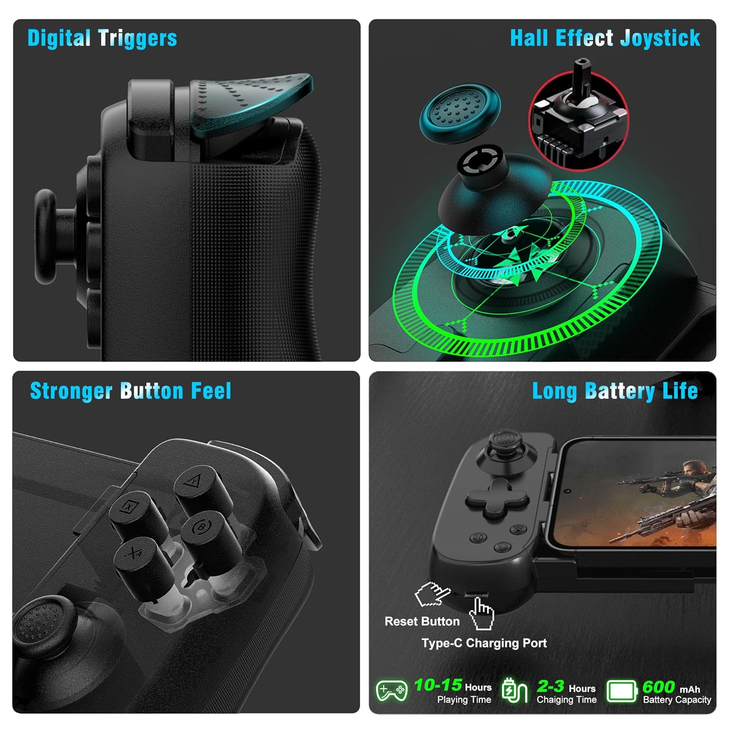Joso Wireless Phone Controller for iPhone/Android, Mobile Game Controller with Hall Joystick Suitable for Xbox Cloud Gaming, PS Remote Play, Steam Link, Call of Duty & More - Black - Image 3