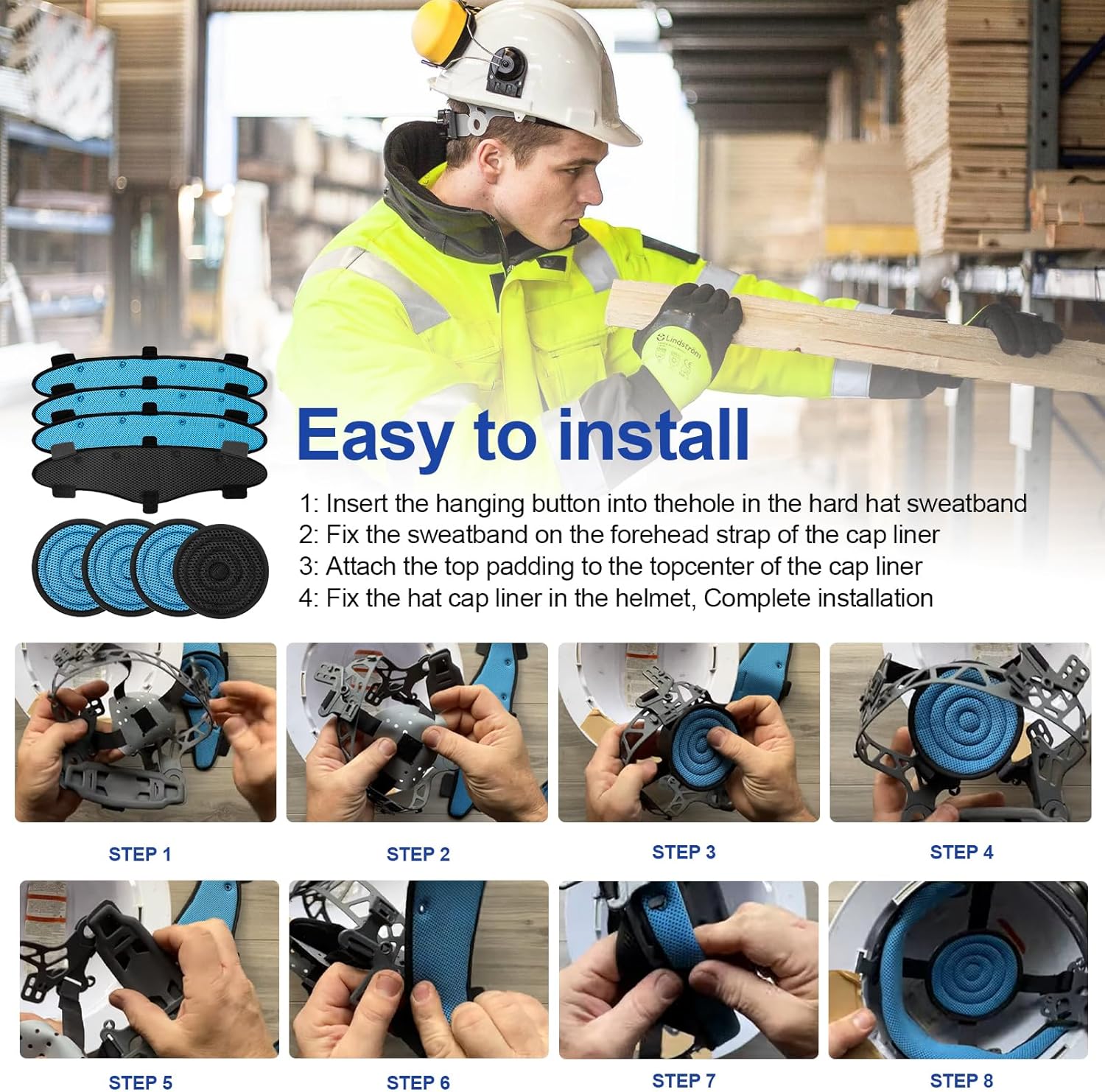 Hard Hat Top Pads and Sweatbands for Safety Helmet, Washable Reusable Hardhat Sweatband Cooling Liners Air Cushion Hard Hat Accessories, Suspension Sweat Band Replacement, Blue, 8 PCS