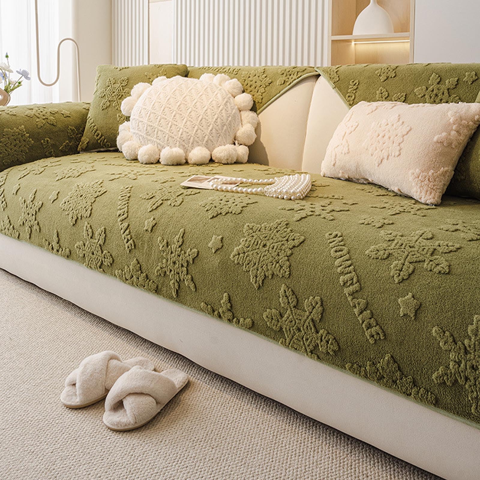 Housse de canapé en velours pelucheux vert antidérapante pour grand canapé d'angle