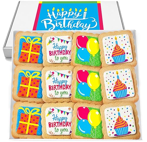 Paquete de 12 cestas de regalo de galletas de feliz cumpleaños, envueltas individualmente para niños, hombres y mujeres, caja de regalo decorada
