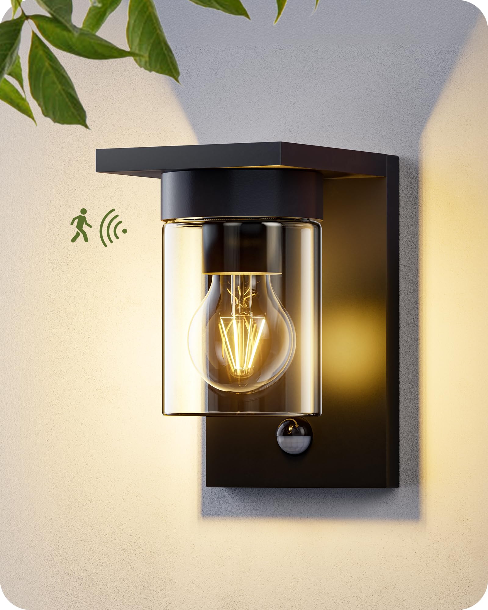EDISHINE Aplique Exterior, Sensor Movimiento, Cristal Transparente, Negro | Casquillo E27, Impermeable IP44, Carcasa de Aluminio, Sin Bombilla, ideal para Puerta de Entrada y Fachada