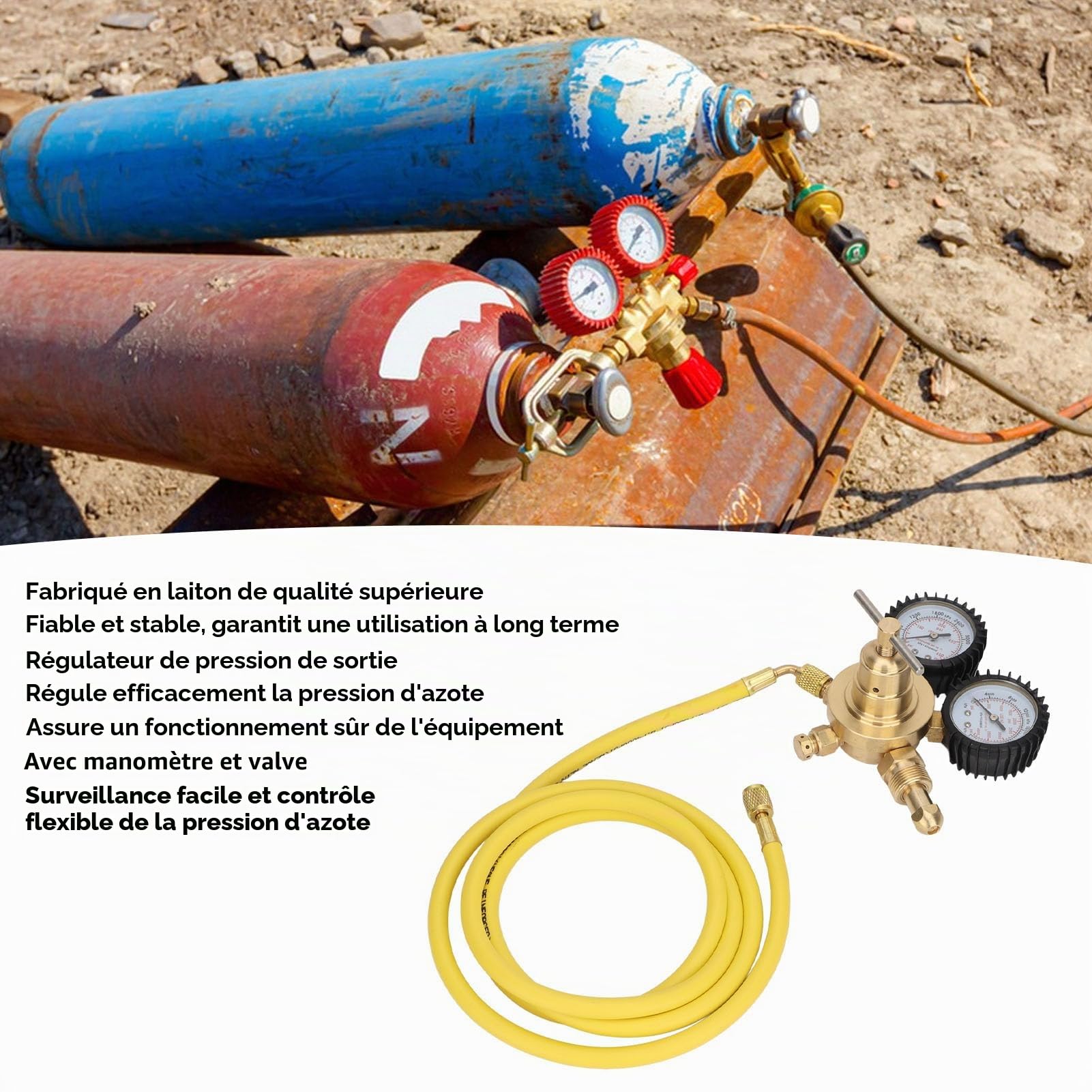Jauge D'azote, Régulateur de Manomètre D'azote, Connexion de Sortie D'entrée en Laiton avec Tuyau de 200 Cm pour Utilisation en Laboratoire de Soudage