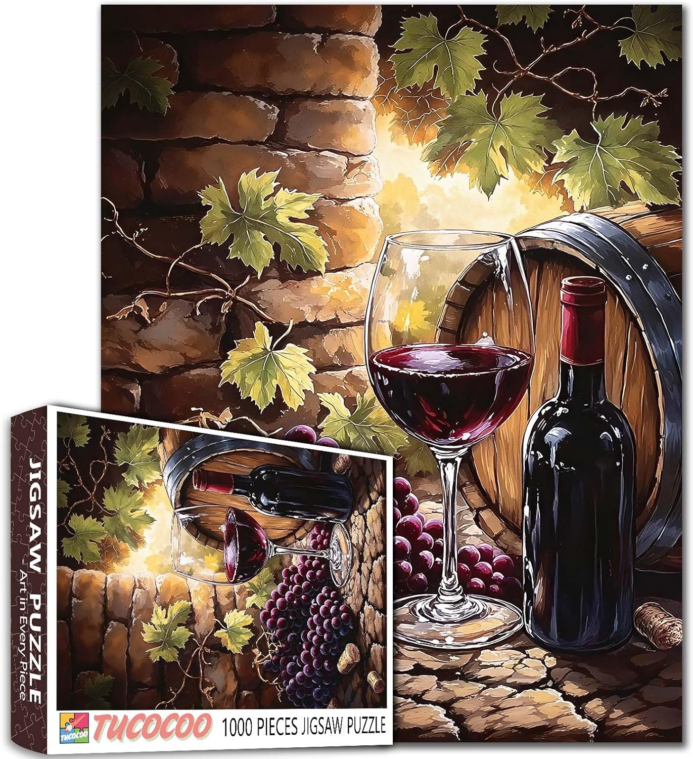 1000 Piece Jigsaw Puzzles Cup of Red Wine Puzzle for Adults Wooden Barrel,Wine Bottle Jigsaw Puzzles Wall Decor 27 x 20 Inches Grape,Vineyard Puzzles for Family Activity Game Friendship Gift