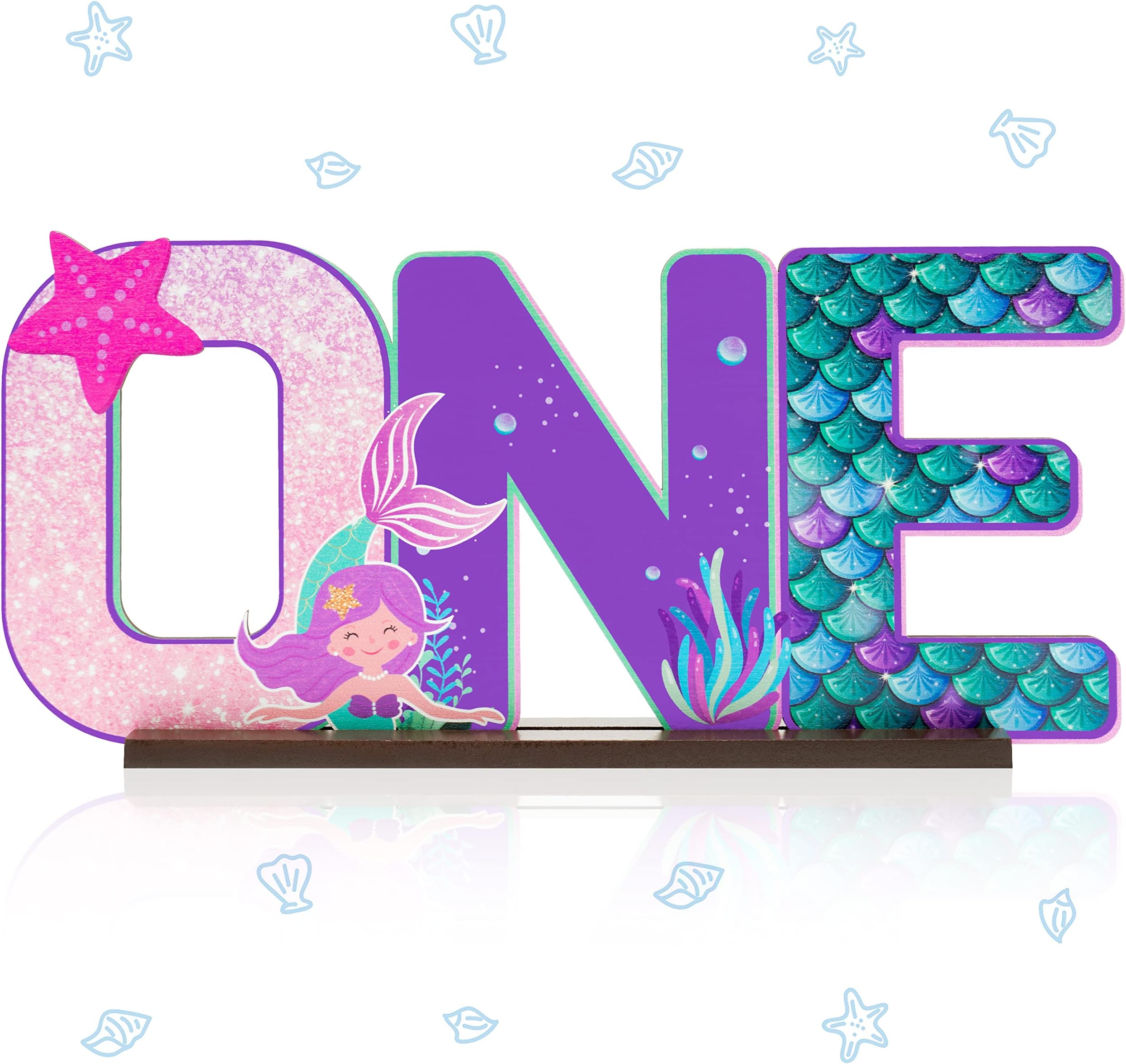 Haooryx Mermaid ONE Letter Sign Table Wooden Centerpiece for Baby Girl 1st Birthday Party Decorations, Under The Sea Little Mermaid First Birthday Theme Party Sign Baby Shower Decor Supplies