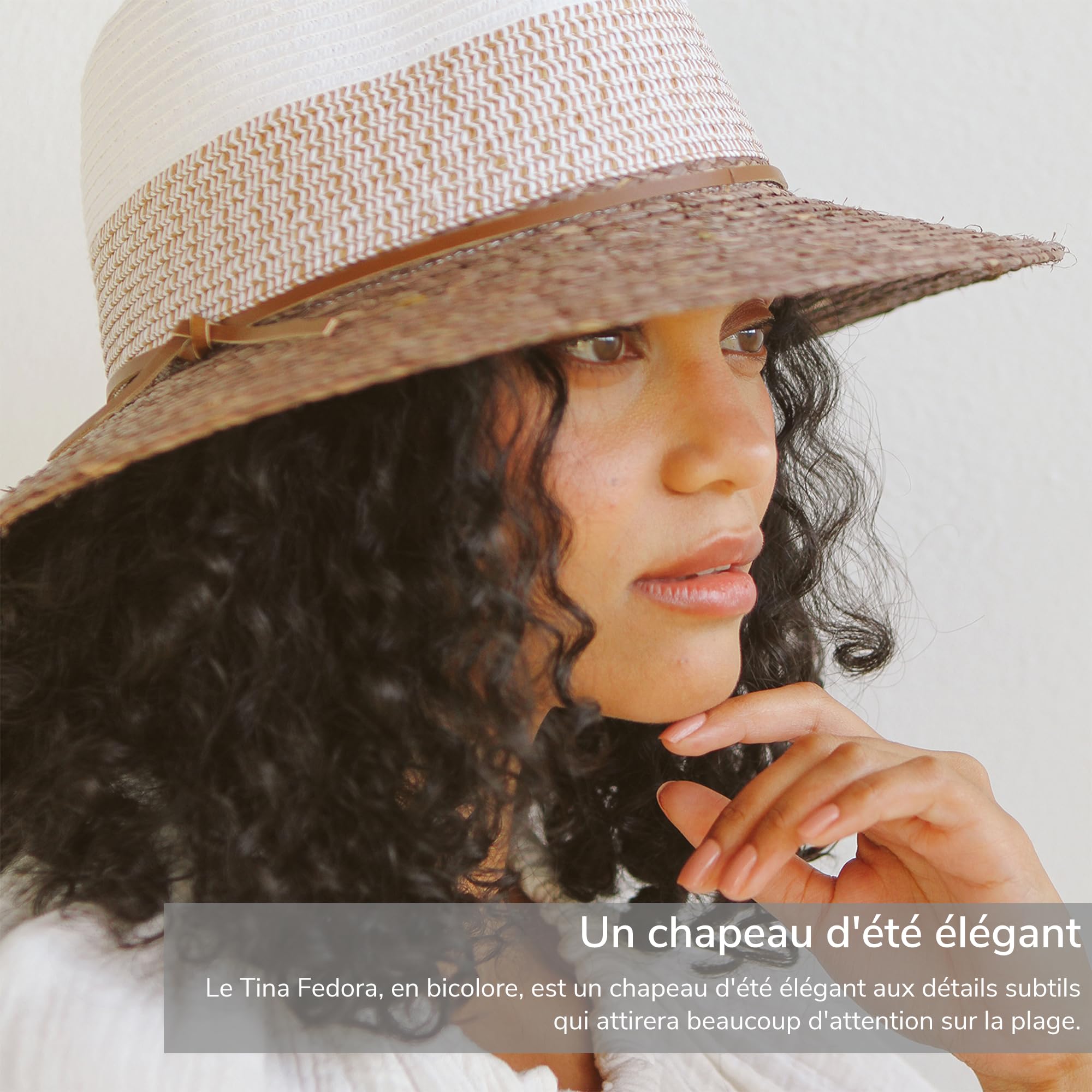 Tina Fedora Femme Chapeau de Soleil Élégant Raffia Fibre Naturelles Anti UV M/58cm Taille Régable