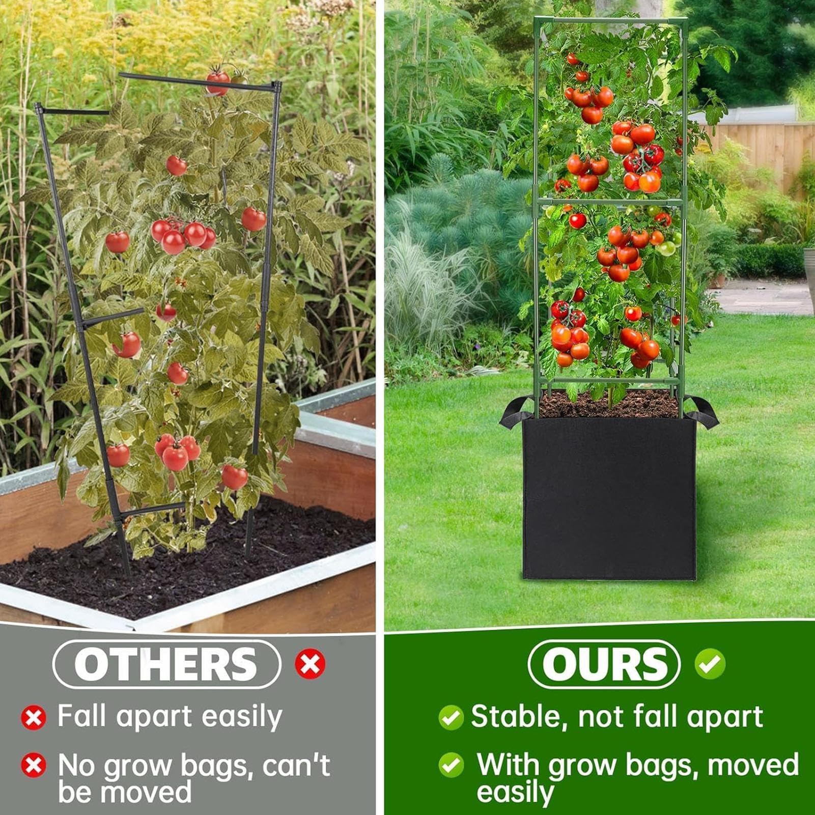 Tomaten-Stützkäfig Hochbelastbarer Edelstahl 3-teilig | Tomatenkäfig Mit 68-Liter-Pflanzsack Für Gurken, Paprika, Auberginen Und Auf Terrasse, Garten, Hochbeet