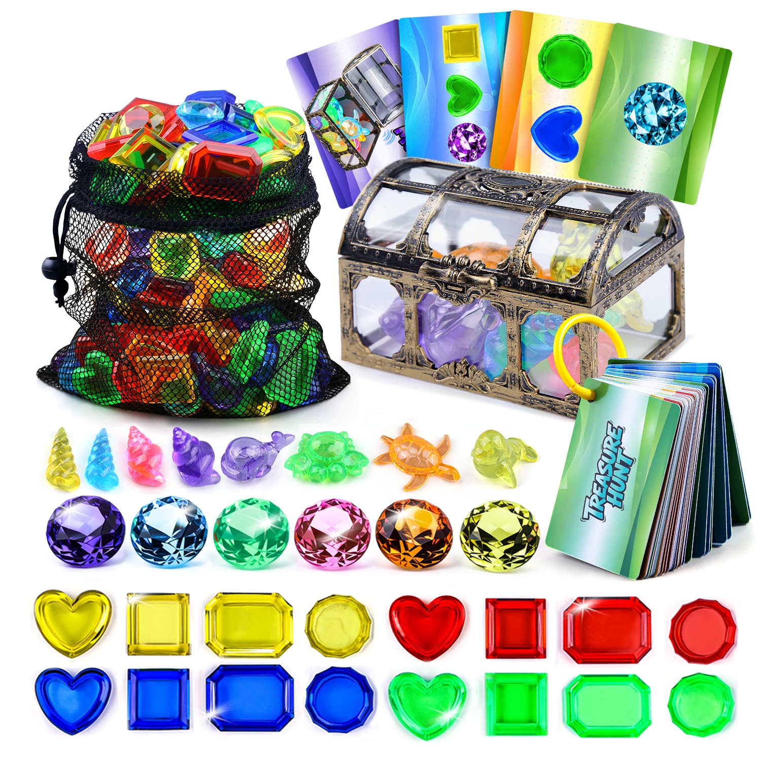 SIENON Tauchspielzeug für Kinder, 109 Stück Pool-Spielset für die Unterwasser-Schatzsuche, 60 sinkende Edelsteine, 8 Meerestiere, 1 Piraten-Schatzkiste, 38 wasserfeste Karten, Spaß Wasserspielzeug
