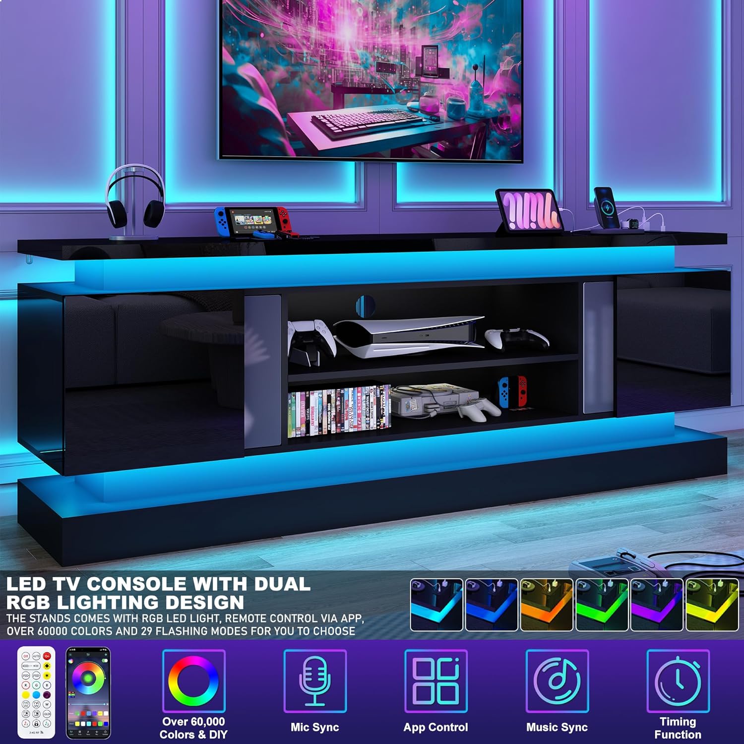 71IN LED TV Stands w/Power Outlet for 85/80/75 Inch TV,High Glossy Modern TV Console Gaming Entertainment Center with 2 Storage Cabinets,Dual LED Lights Strips for Living Room,Bedroom,Black - Image 5