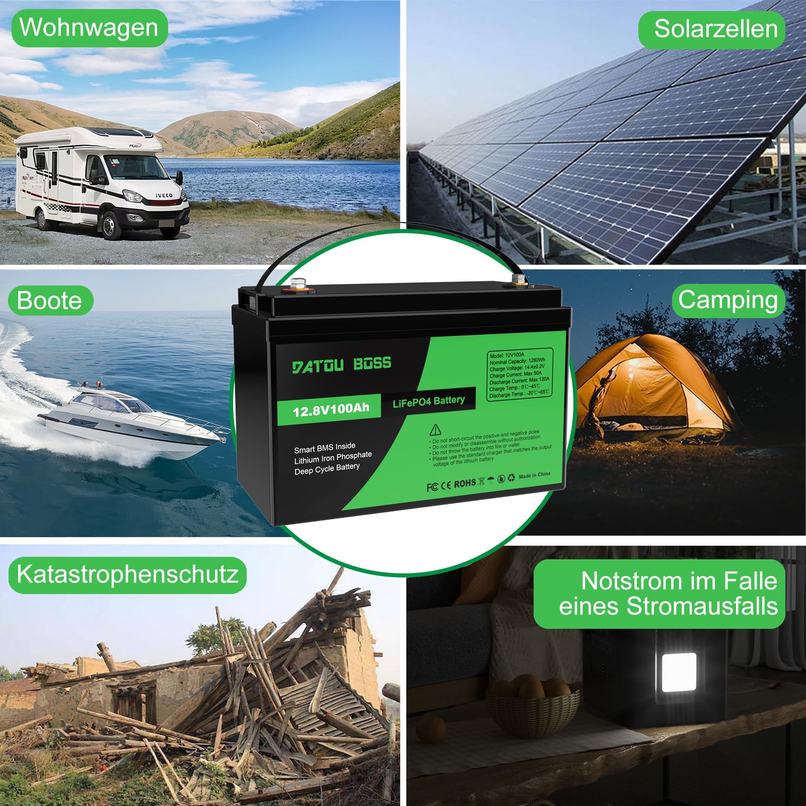 DATOUBOSS LiFePO4 Batteria Litio 12v 100Ah con 100A Protezione BMS, Fino a 15000 Cicli e 10 Anni Di Durata, per Camper, Barca, Kit di Pannelli Solari, Campeggio, Casa