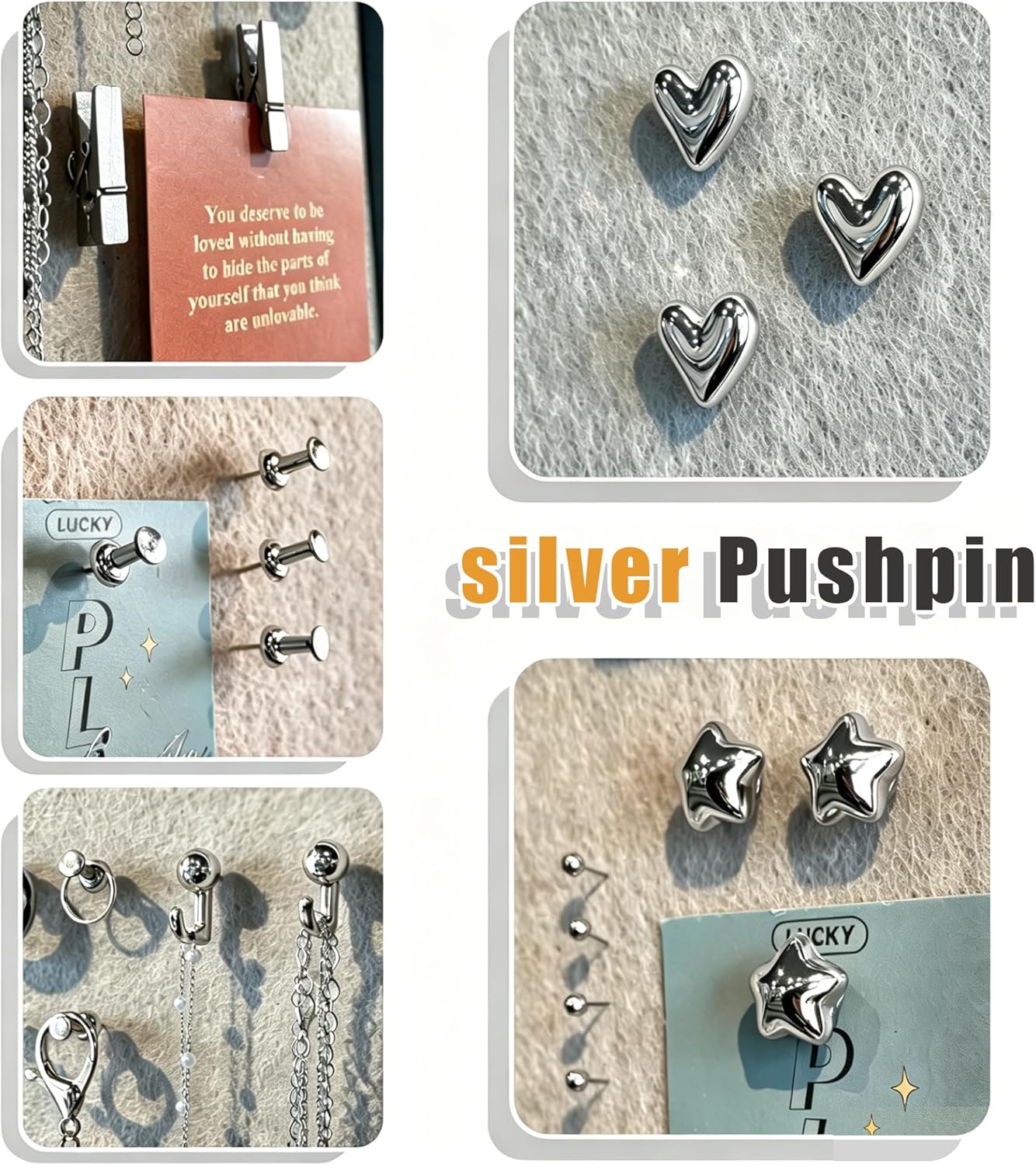 KEYDUACU 150 Pcs Silver Push Pins Set, Metal Thumb Tacks, Decorative Push Pins for Cork Board with Hook Clip,6 Style Office Accessories for Map (Silver) image 4