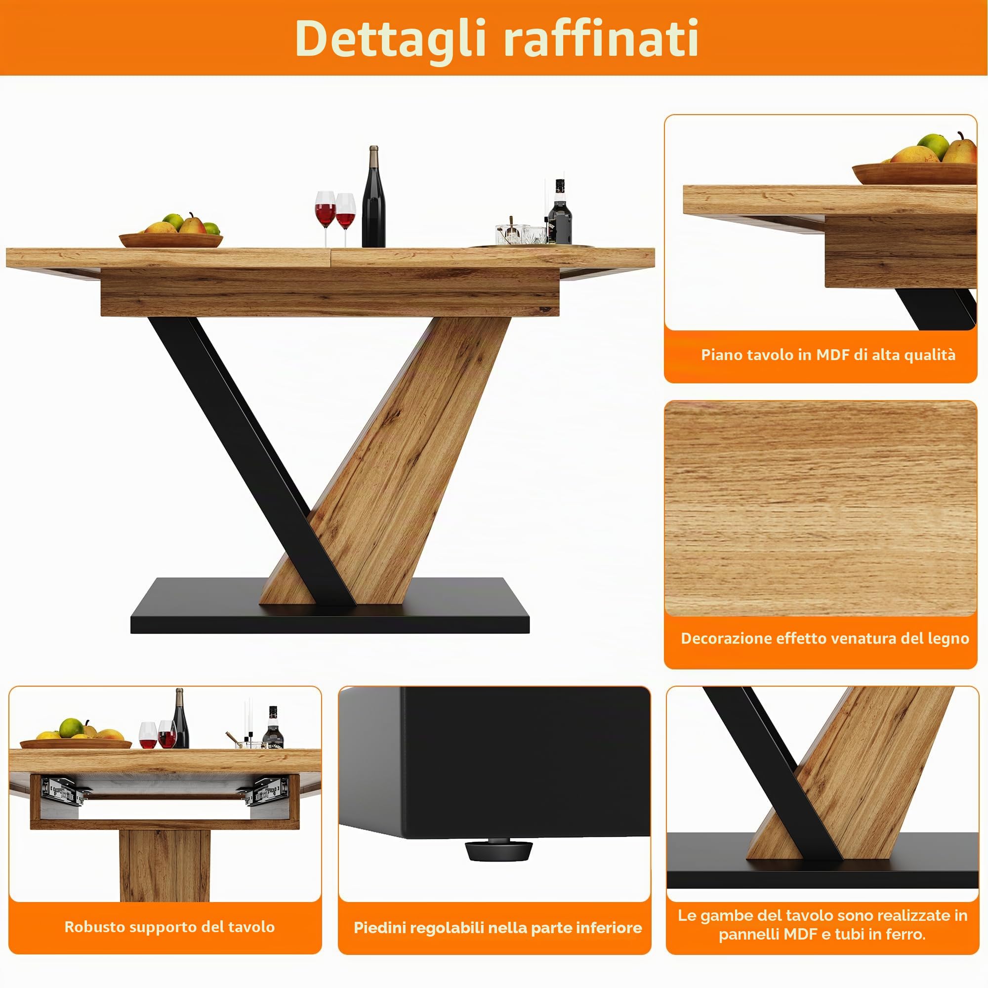 Tavolo da pranzo allungabile 120(160) x 75 x 75,5 cm, tavolo, tavolo da cucina, tavolo allungabile, allungabile fino a 160 cm, adatto per cucina e soggiorno, piano del tavolo con venature del legno