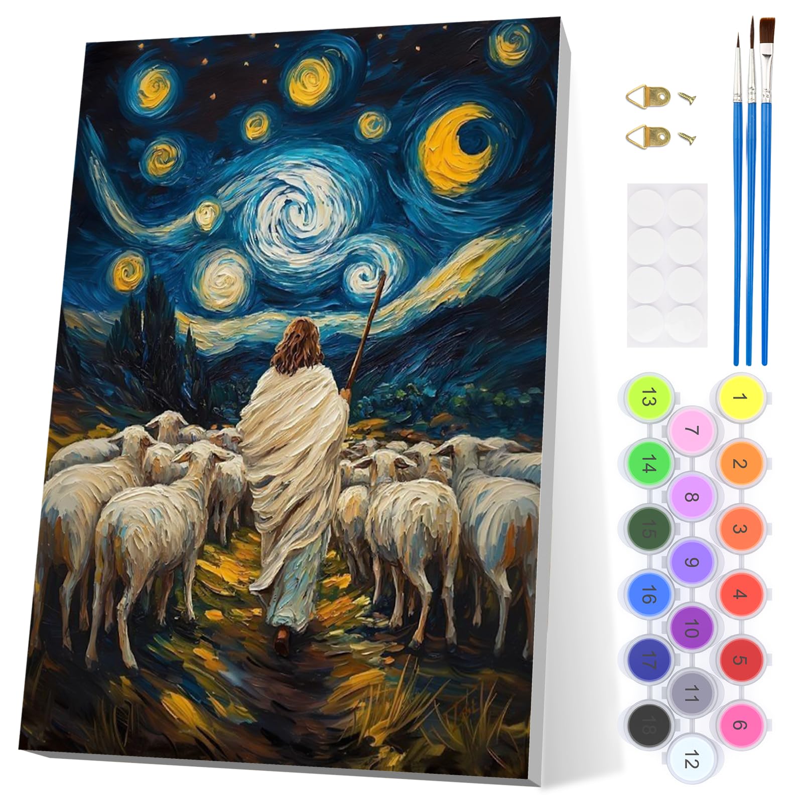 EOBROMD Paint by Numbers for Adults with Frame, Jesus Walks Under the Stars Paint by Numbers Kits, Lamb Acrylic Easy Painting by Numbers for Gift Home Wall Decor 8x12in