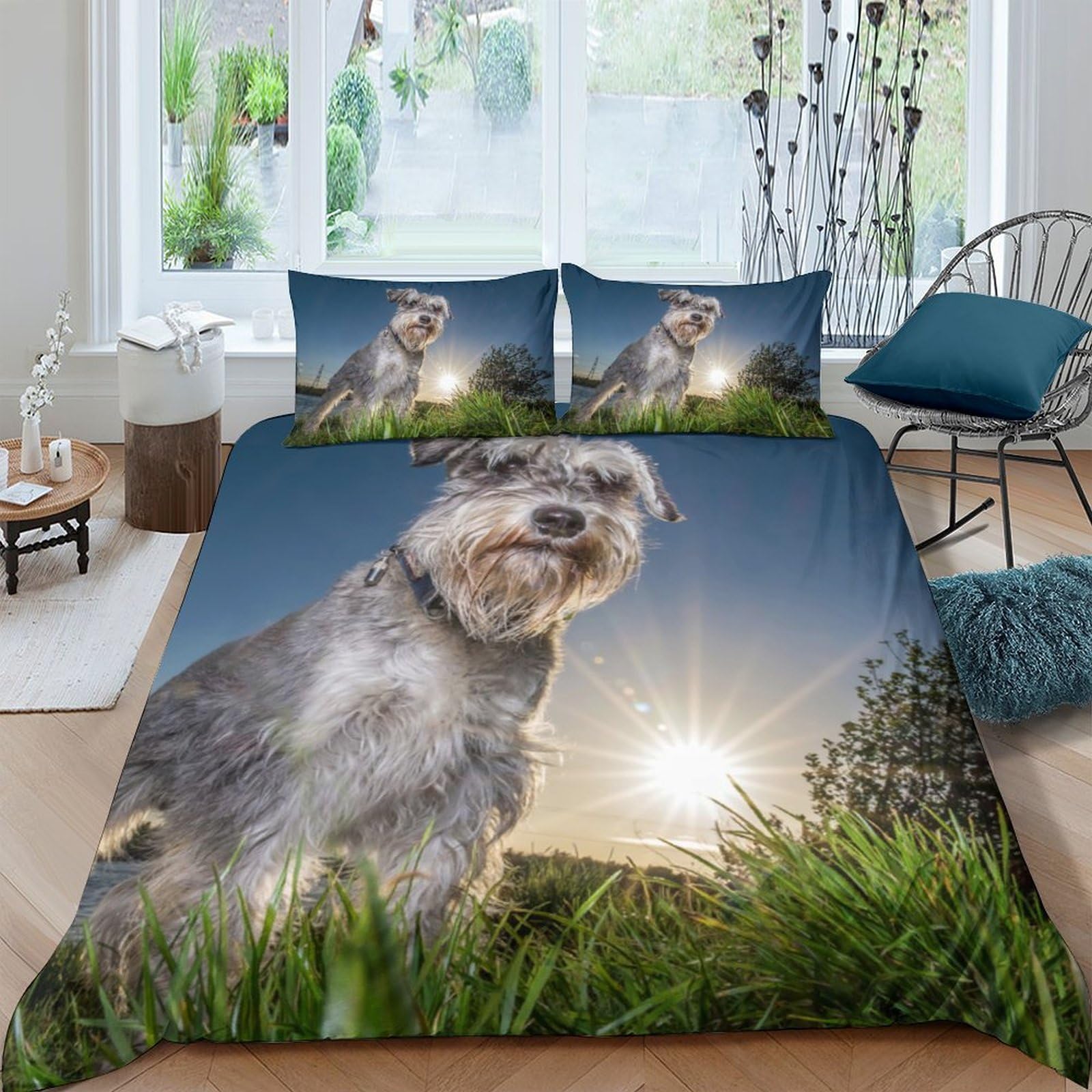 Ctjqhvkz Style-3 3D Printed Schnauzer Dog Fitted Sheet Microfiber Soft Grey Landscape Bed Cover For Bedroom Guest Room Decor Single（135X200cm）