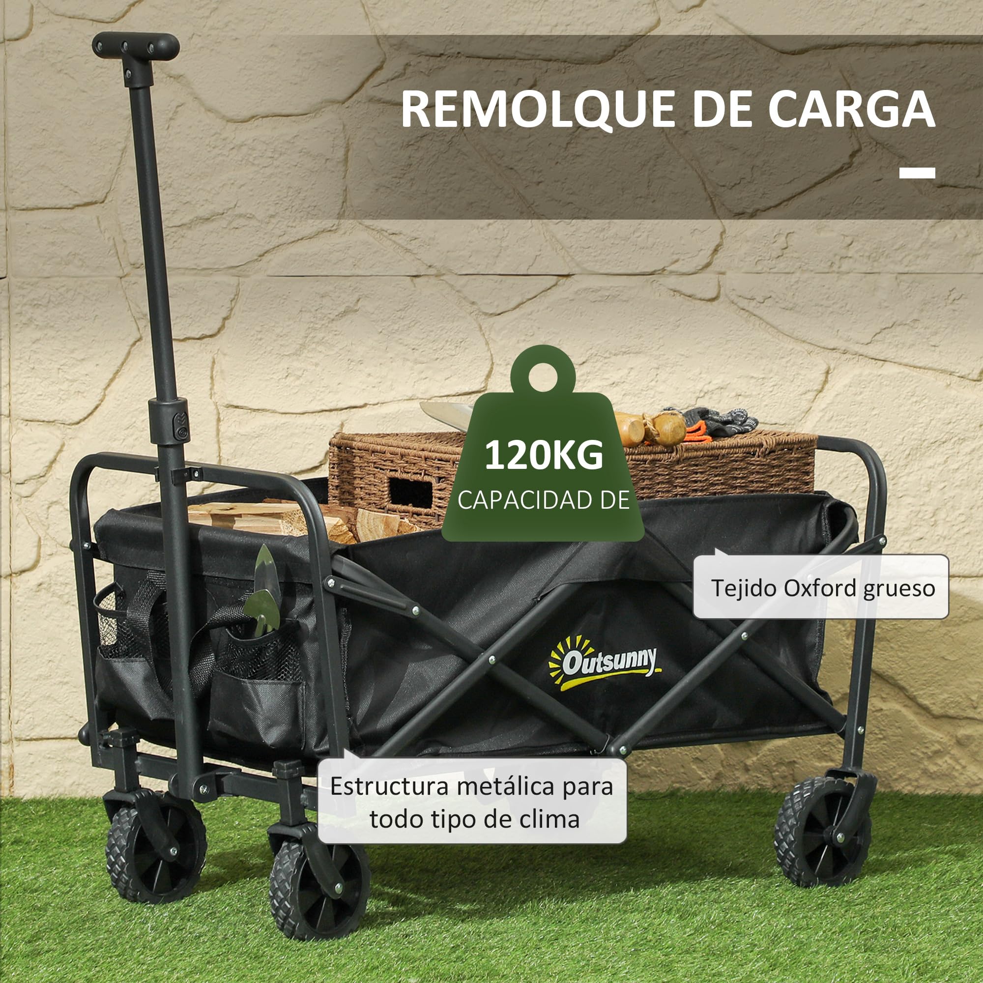 Outsunny Carro Playa con Ruedas Carro de Jardín Plegable con Asa Telescópica Ajustable 2 Bolsas de Almacenaje Carga 120 kg Carrito Transporte para Todo Terreno Jardín Campaña Compra Negro