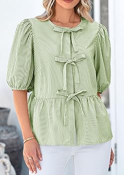 PRETTYGARDEN Women's Tie Front Striped Shirt 2025 Summer