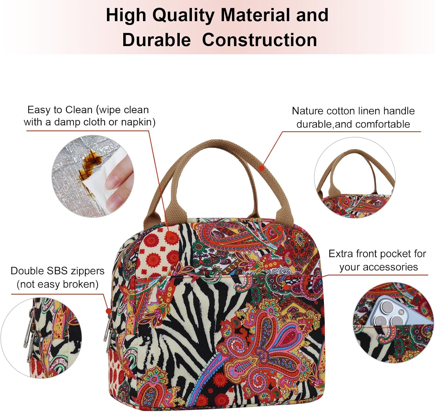 EurCross Aesthetic Lunch Box Bag for Women Daily Use,Boho Stylish Elegant Canvas Insulated Adult Lunch Bento Box Tote Bag - Image 5