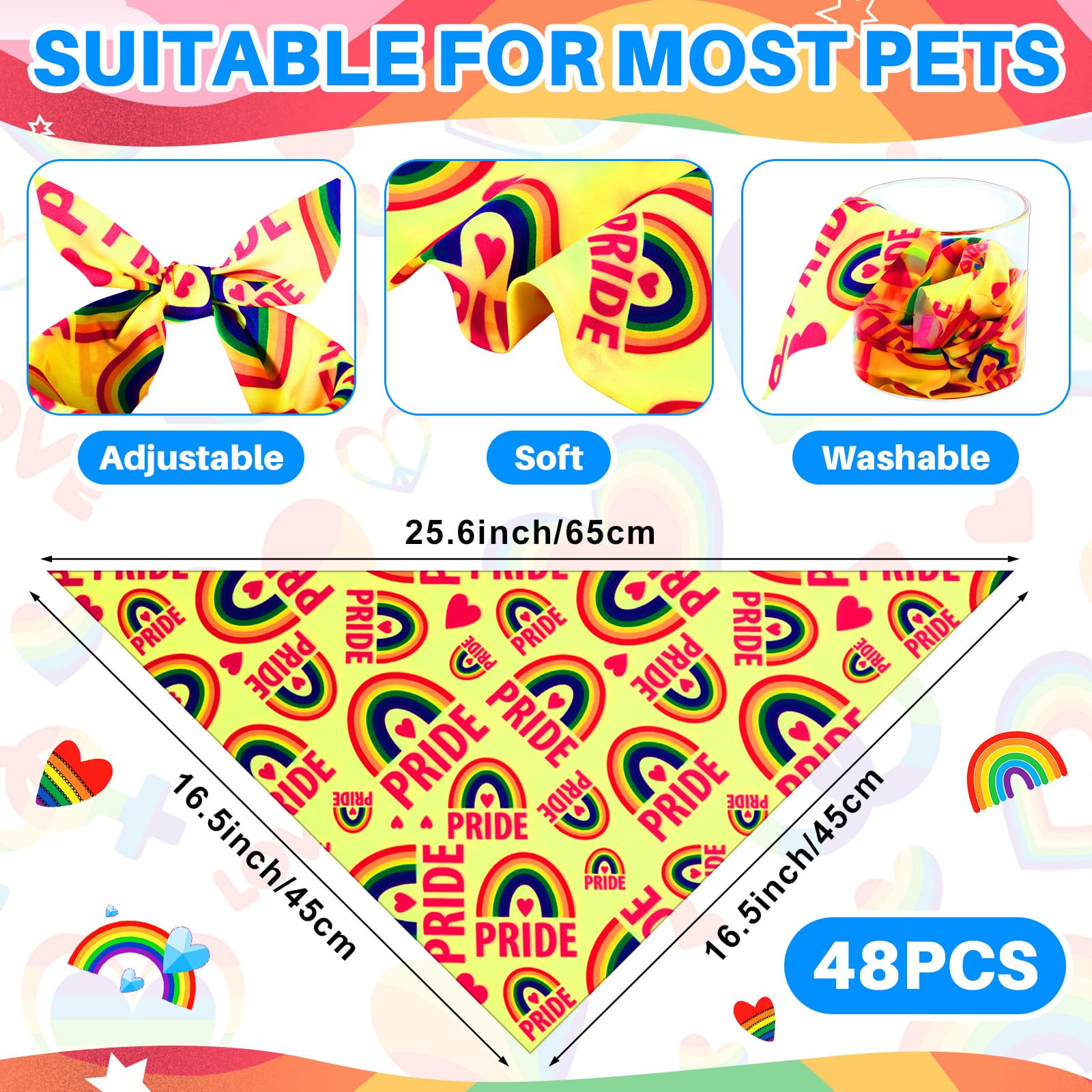 Chicingyou 48 bandanas de orgullo para perros LGBT, bufandas para mascotas con color arcoíris, rayas arcoíris, bandana para perros y gatos, bufanda triangular para vacaciones de verano, accesorios de