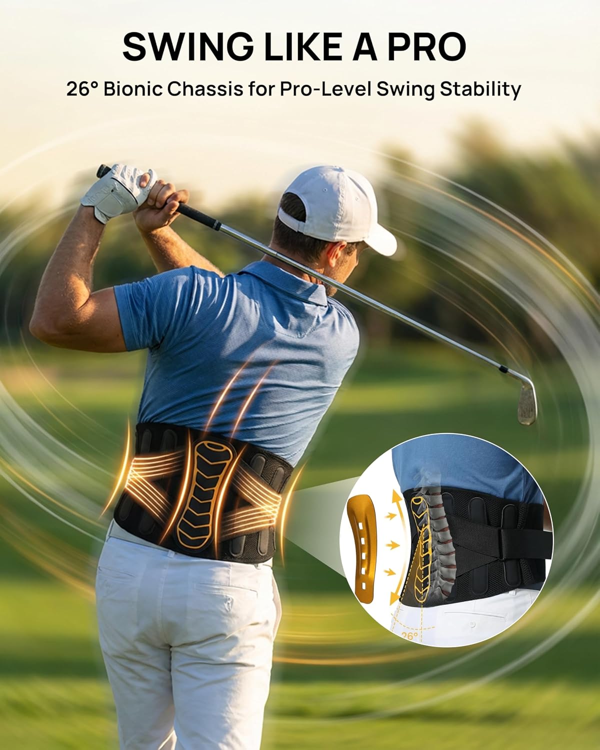 LVMEVIS® Men's Golf Back Brace for Lower Back, 7 Reinforced Stays with Metal Back Plate for Stable Swing Support, Back Brace for Golfers for 18-Hole Rounds, Breathable Flyknit Fit
