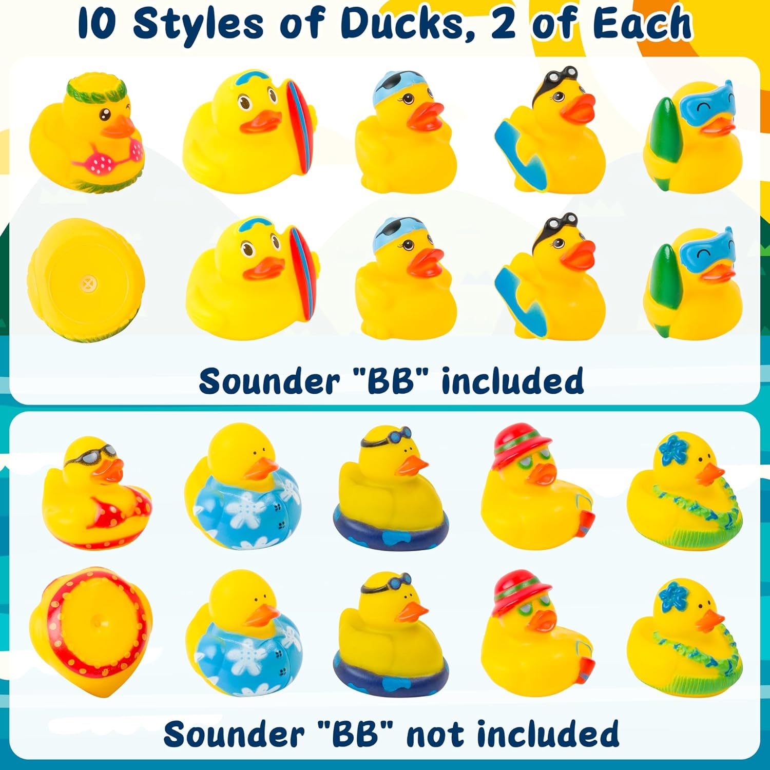 H1vojoxo Summer Beach Rubber Ducks - 20 Set Summer Surfing Rubber Duckies for Cruise Ship Novelty Funny Bathtub Duck Tags Kit for Swimming Pool Baby Shower Goodie Bag Fillers Birthday Party Favor Gift