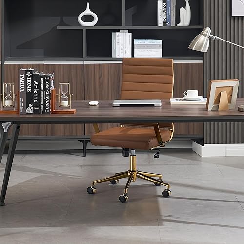 Miniatura 6 de Okeysen Silla de escritorio de oficina dorada, sillas ergonómicas de cuero modernas para sala de conferencias, silla ejecutiva acanalada ajustable