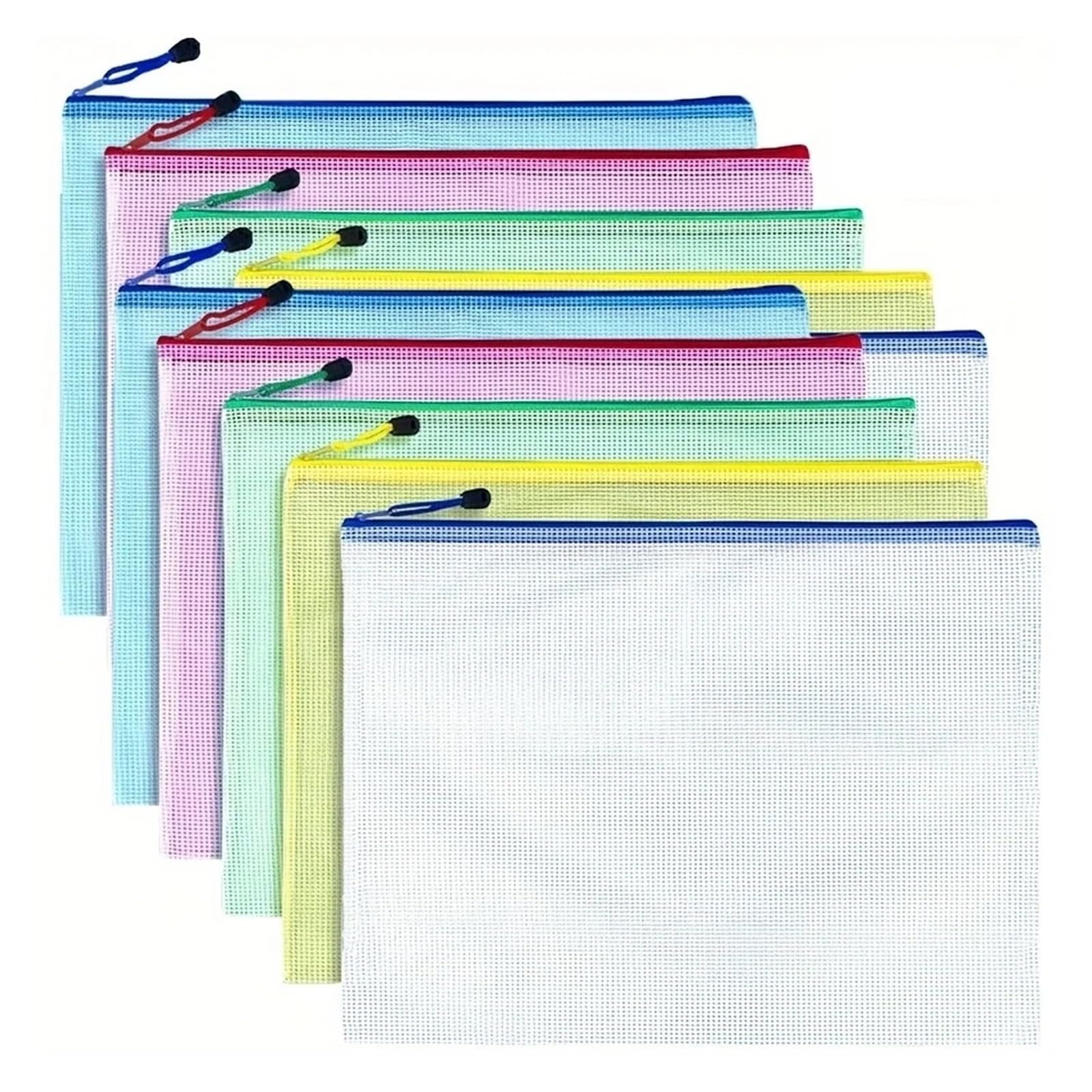 pochette fermeture eclair, Lot de 10 sacs en maille à fermeture éclair, format A3, 10 couleurs, sac en plastique for organiser les fournitures scolaires et de bureau(Colour Mixture)