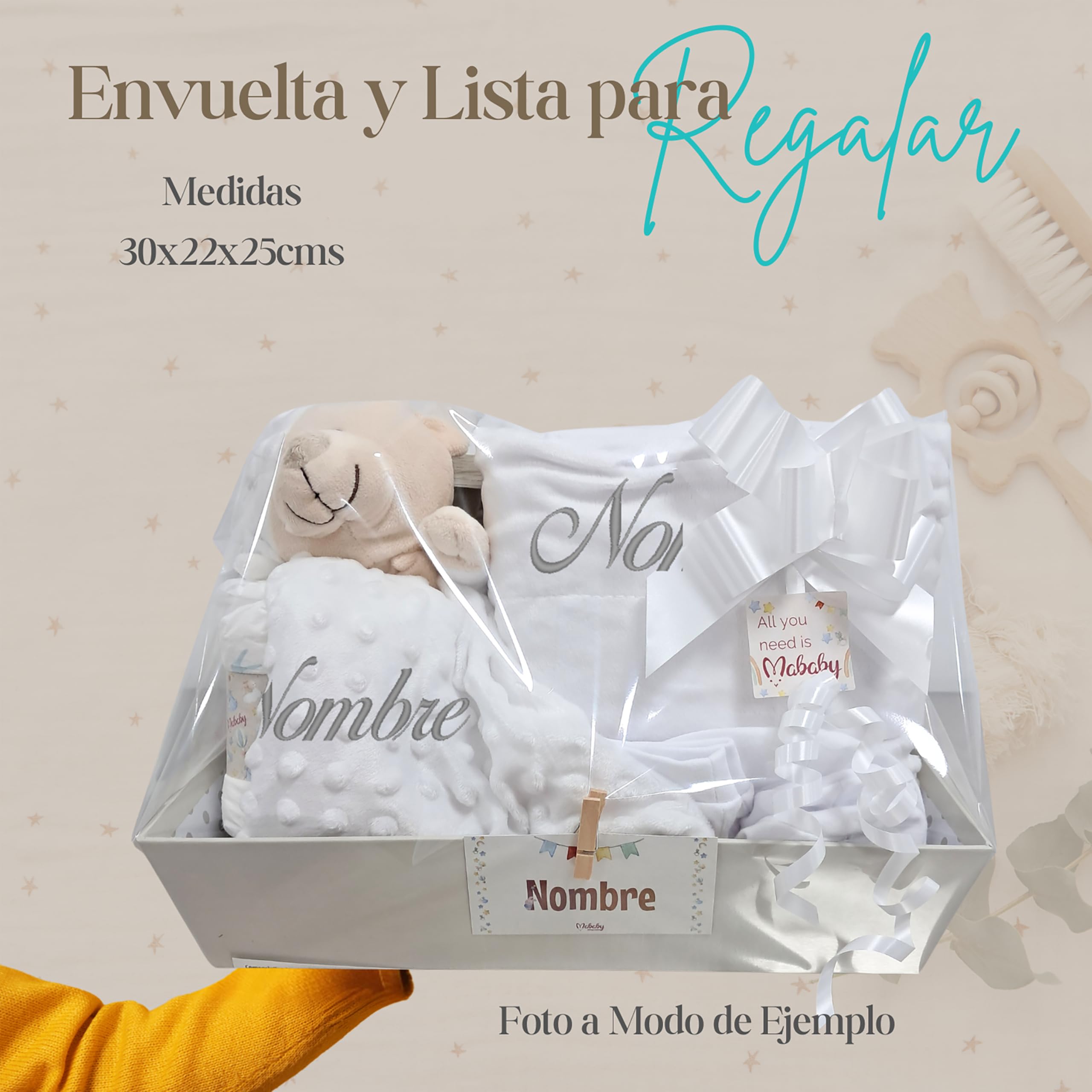 Cesta de Bebé Personalizada My Little Velvet (Maquillaje) | Cesta bebé personalizada con cosmética natural, dou dou bordado, mini pastel de pañales y marco con significado del nombre