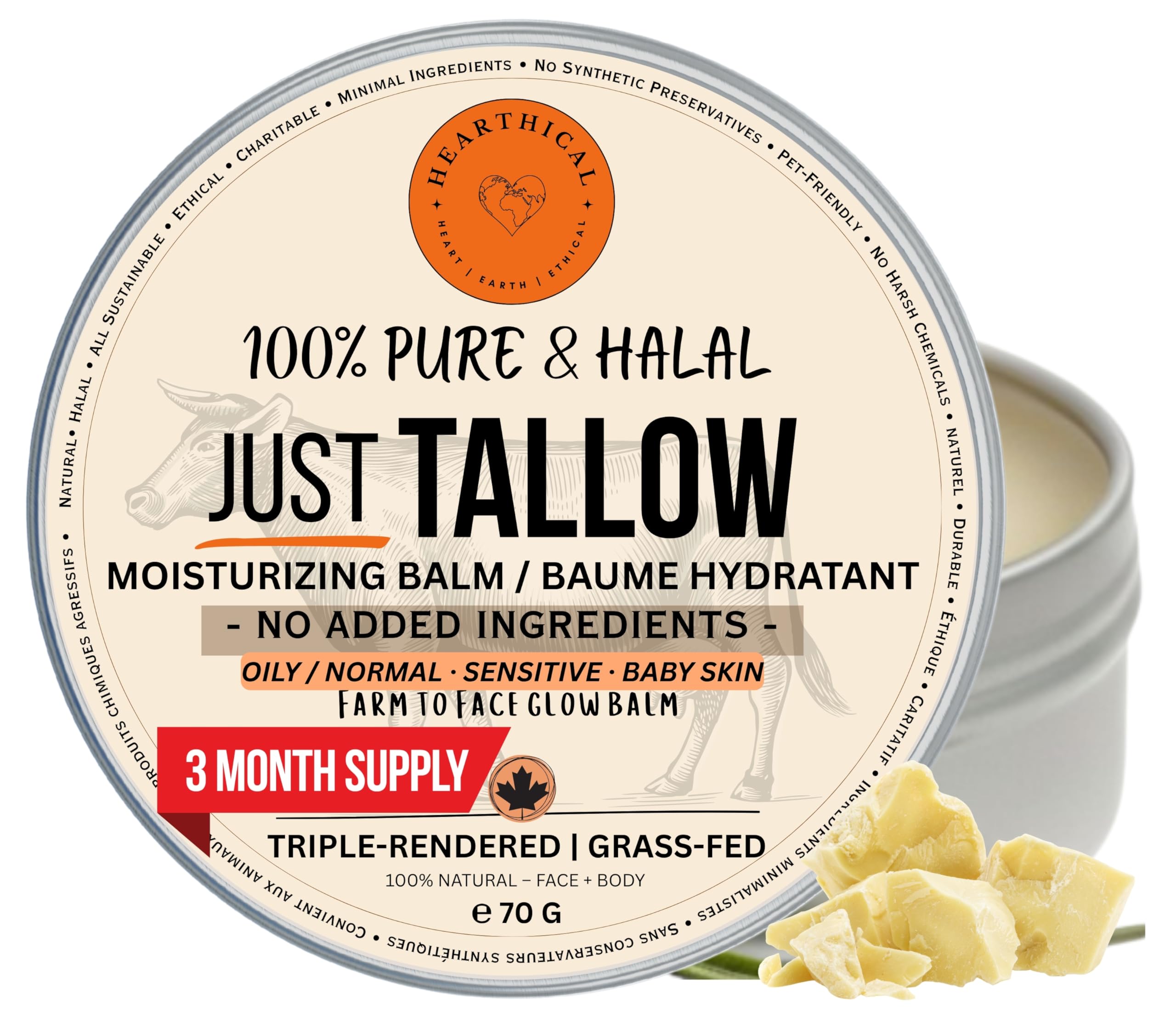 Hearthical JUST Tallow - No Added Ingredient - 70 g Halal Grass Fed Beef Tallow For Skin - Organic Beef Tallow Moisturizer – Beef Tallow Face