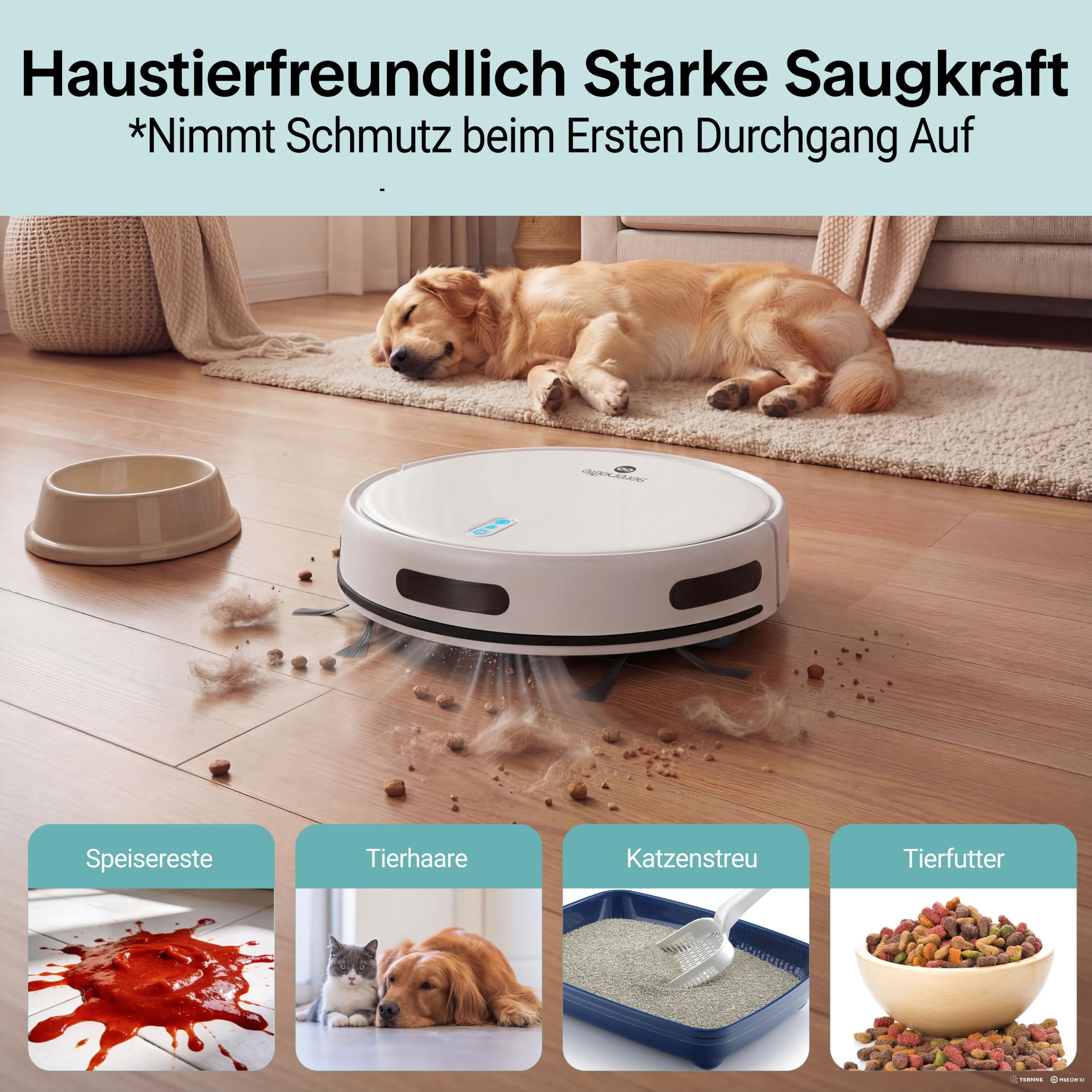 SereneLife Saugroboter mit Wischfunktion, 2 in 1 Staubsauger Roboter, 3000pa Saugkraft, WLAN, Schlank & Geräuscharm mit Absturzsensoren, Selbstaufladend für Tierhaare, Weiche/Harte Böden, 140Mins Max