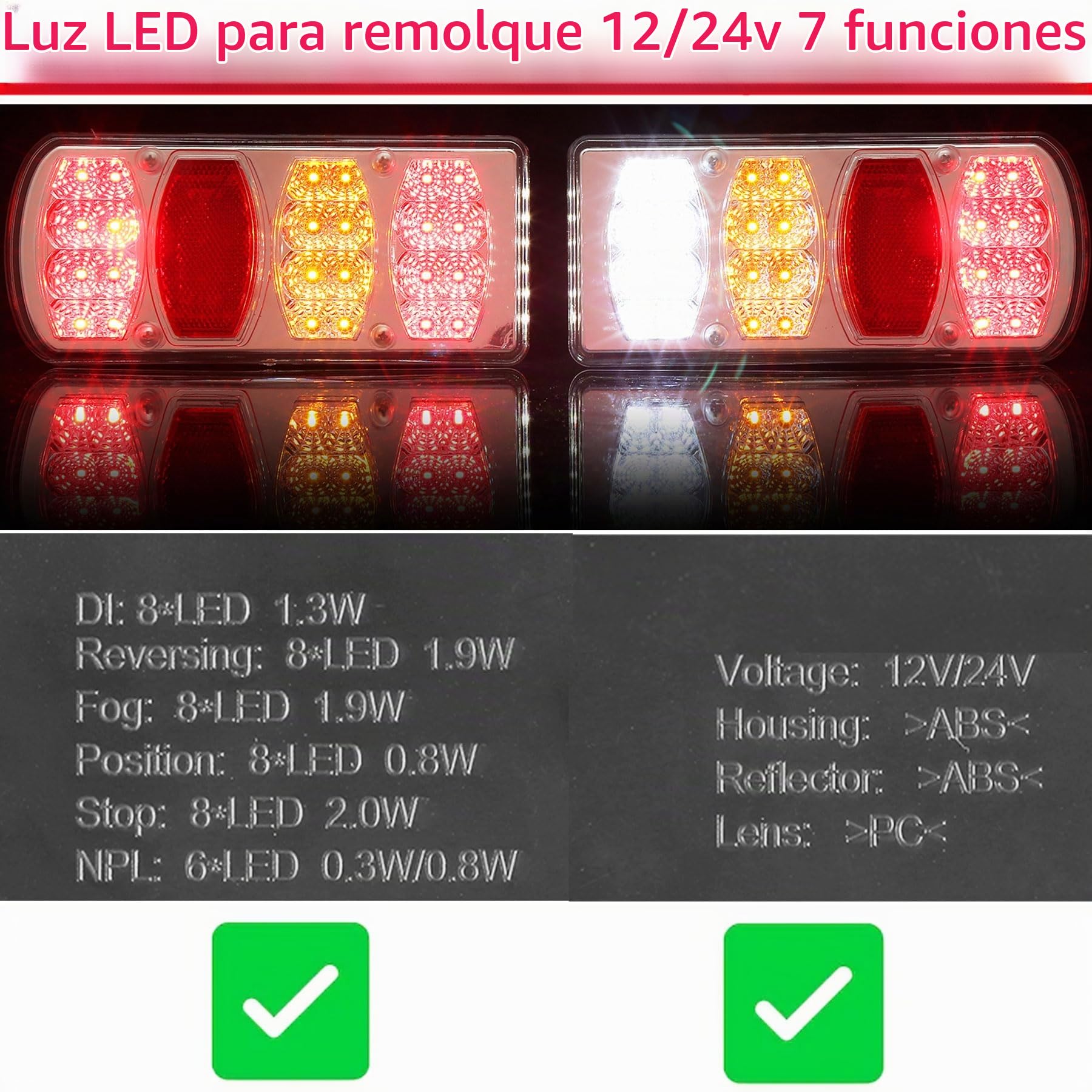 LED Pilotos Traseros Remolque 12V 24V 7Funciones Luces Remolque Traseras Piloto con 30cm Conexión de Bayoneta de 6pin Homologados Impermeable