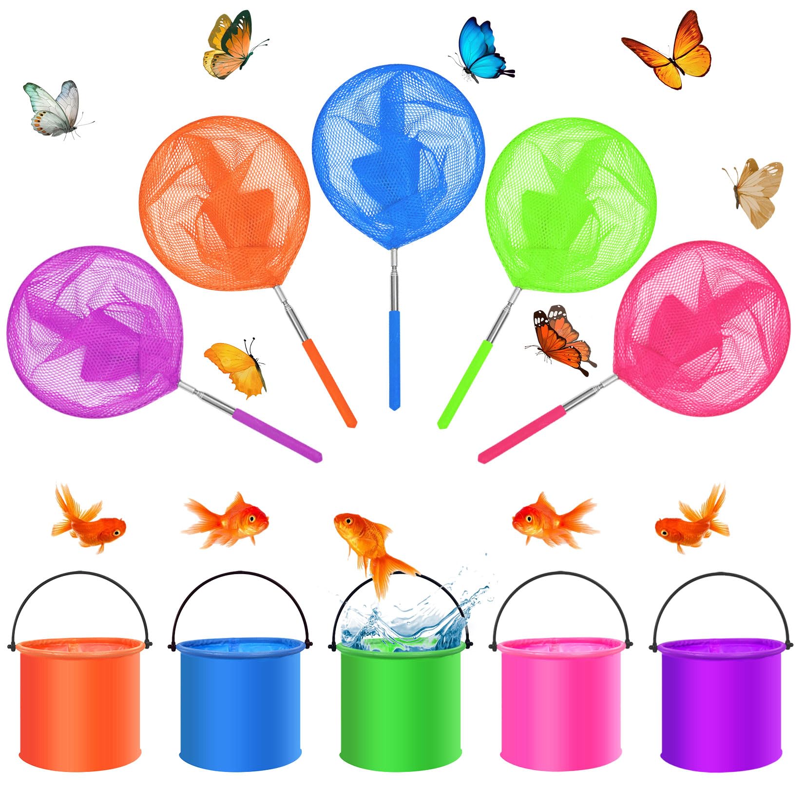 Herbst 10er XXL Kinder Kescher Set, 5 Stück Teleskop Kescher Kinder (37-85cm) mit 5 Faltbarer Eimer Robustes Fischernetz Kinder & Schmetterlingsnetz Kinder für Strand, Teich & Garten – Bunt