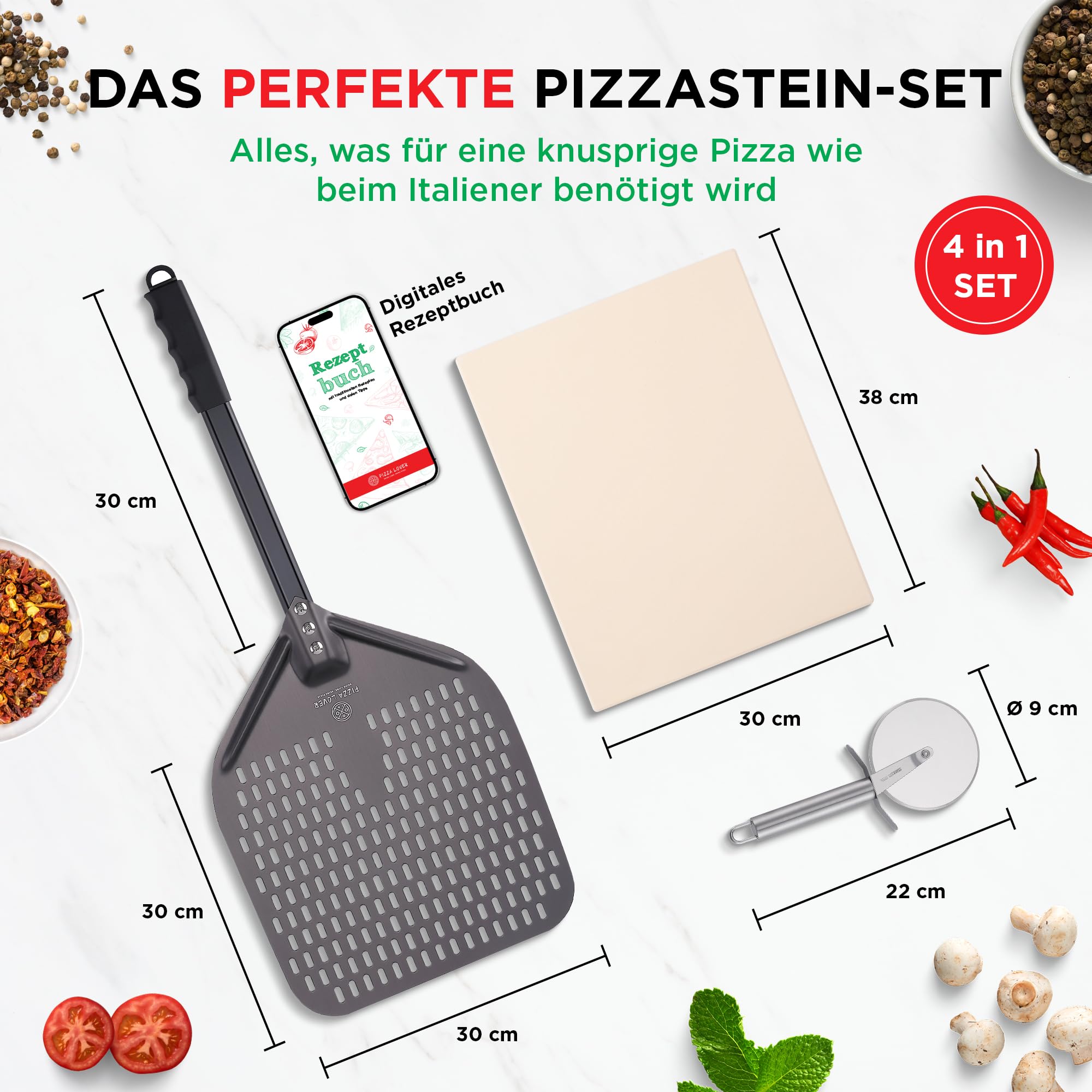 Pizza Lover Premium Pizzastein-Set für Backofen & Grill – 4in1 – inkl. perforiertem Pizzaschieber (harteloxiert) + Pizzastein bis 800°C aus Cordierit + Pizzaschneider & Rezeptbuch