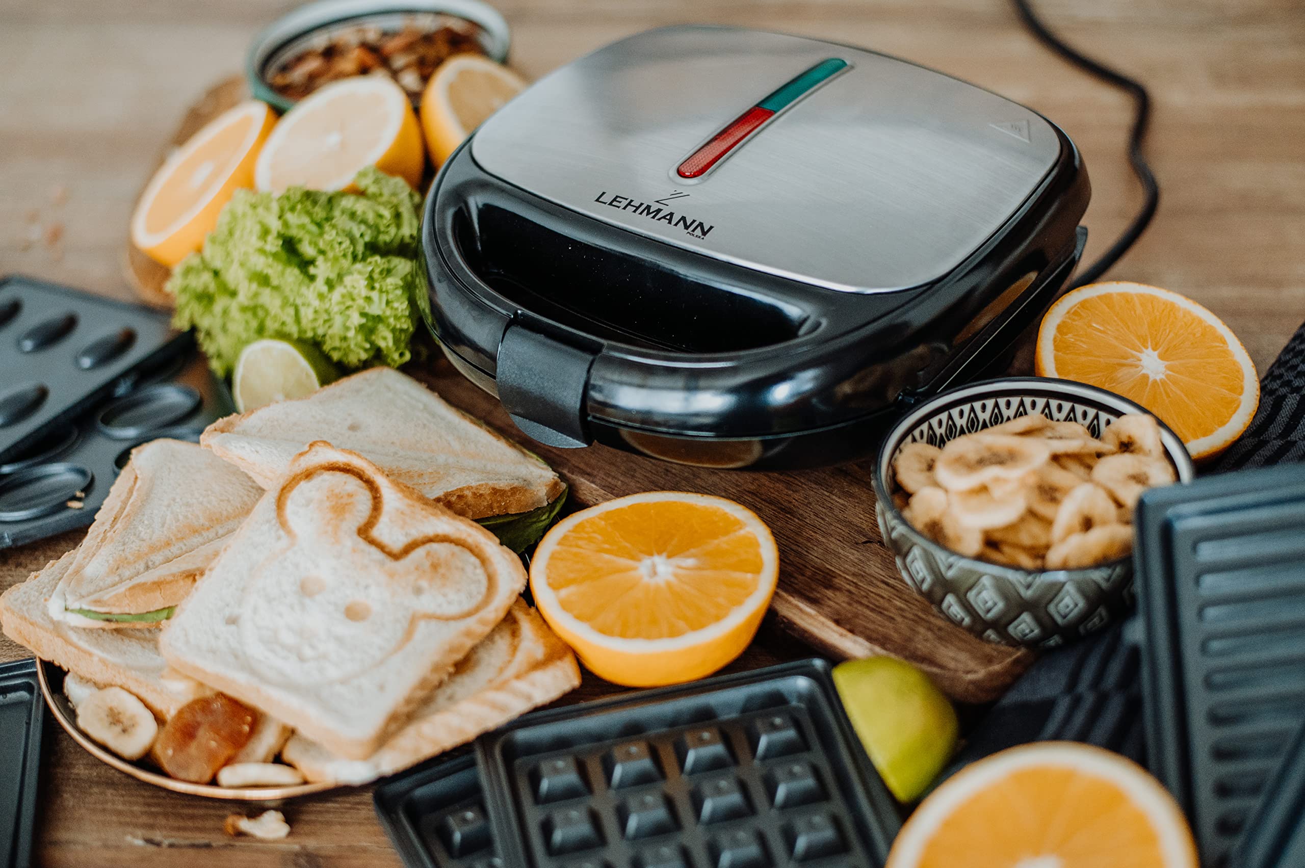 Lehmann Sandwichmaker 5 en 1 avec différentes formes | Gaufrier, grill contact, panini, sandwich, gâteaux sucrés | Comprend 5 ensembles de plaques antiadhésives | 800 W