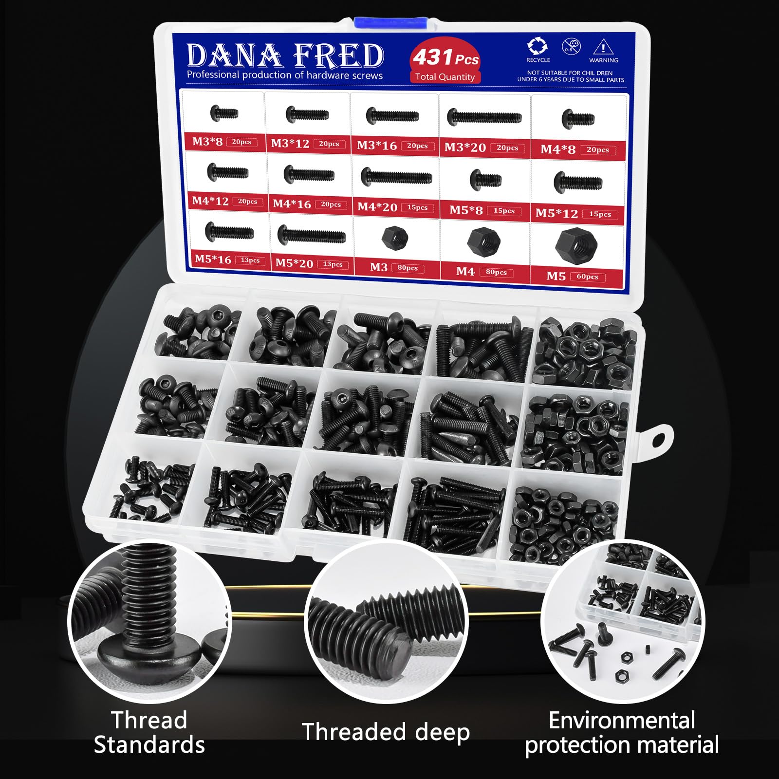 300-Piece M5 Socket Head Screw Assortment - Hex Bolts, Nuts & Washers Kit In Multiple Sizes, 12.9 Grade