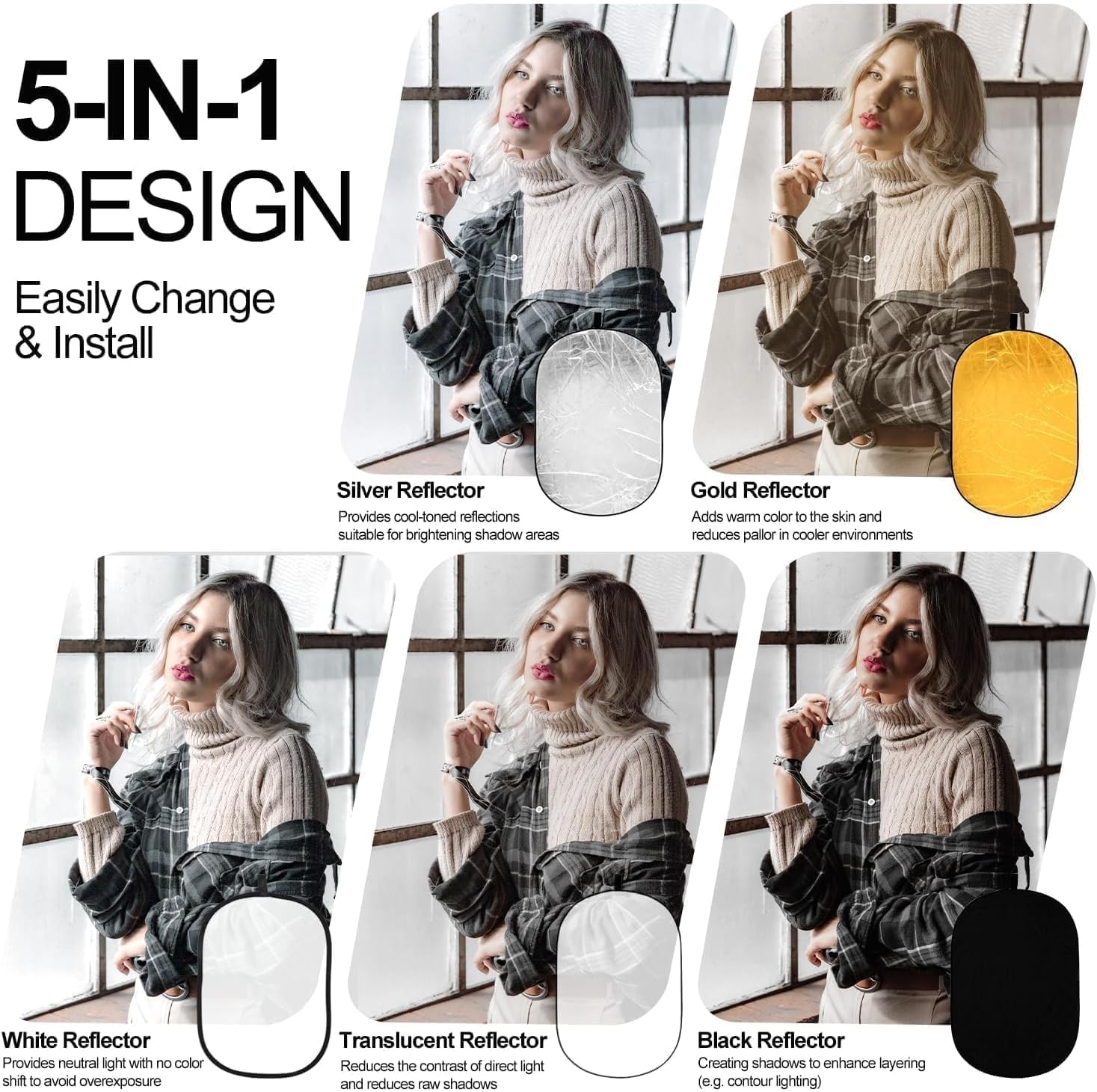 EMART Riflettore Fotografico 5 in 1, 60x90cm Ellittica Riflettore Pieghevole con Borsa per il Trasporto,Adatto per Uso in Studio, Diffusore, Illuminazione Esterna, Selfie, Fotografia di Matrimonio