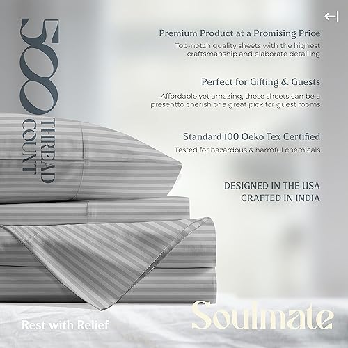 Miniatura 7 de Mayfair Linen Juego de sábanas de 500 hilos 100% algodón egipcio a rayas, sábana tamaño King de algodón de fibra larga plateada, se adapta a