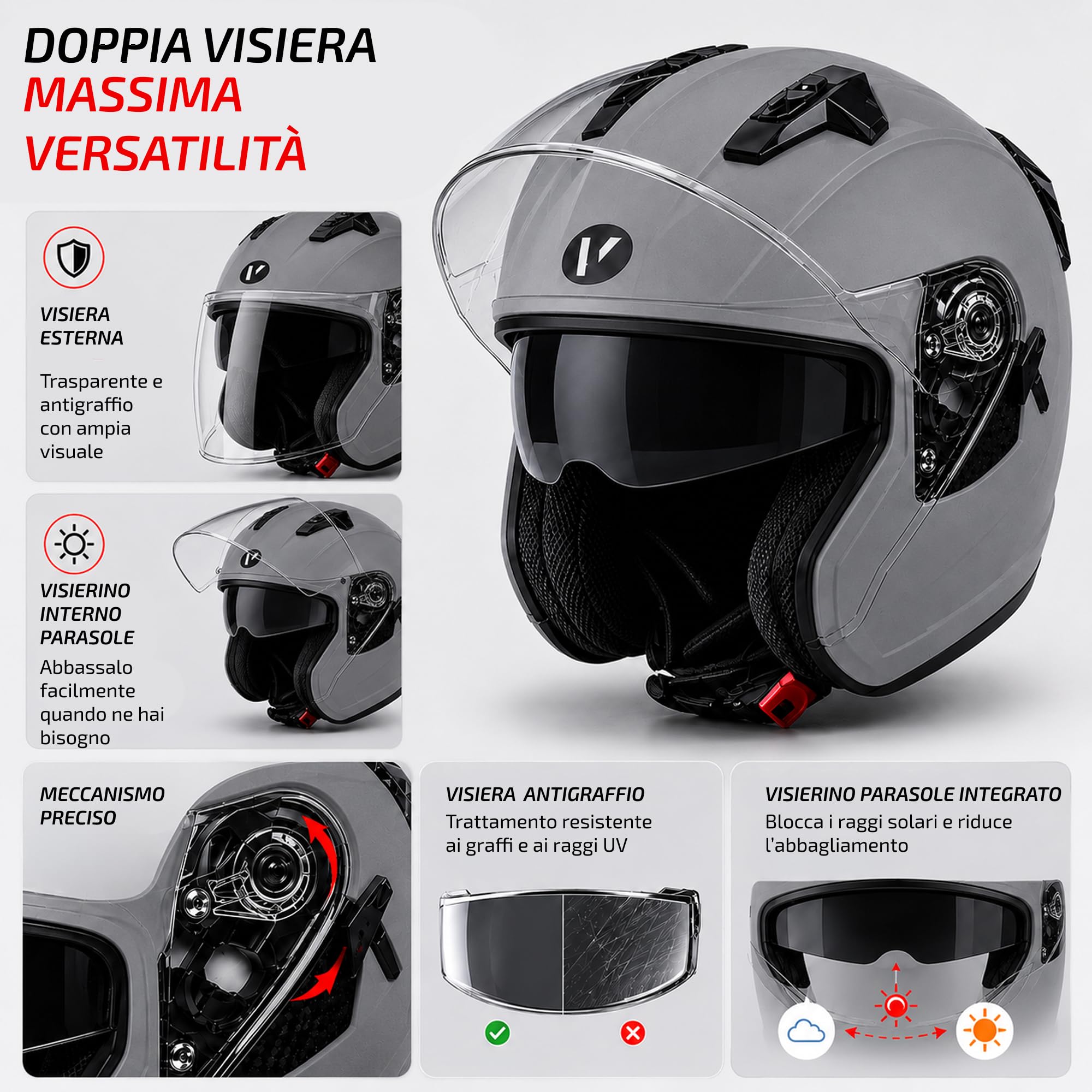 Casco Jet Moto Omologato ECE 22.06 con Visiera Trasparente – Casco Scooter con Presa d’Aria Superiore, Interno Confortevole e Chiusura Sicura – Ideale per Moto e Scooter