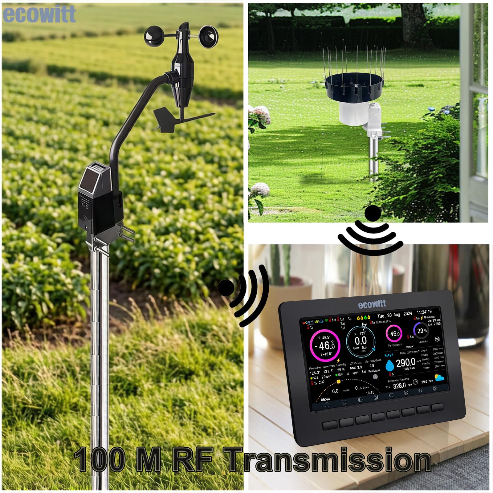 ECOWITT HP2552 stacja pogodowa 7 w 1, czujnik 4 w 1 WS68 + 7-calowa kolorowa konsola TFT Wi-Fi + czujniki temperatury i wilgotności do wewnątrz/na zewnątrz WH32 + deszczomierz WH40H