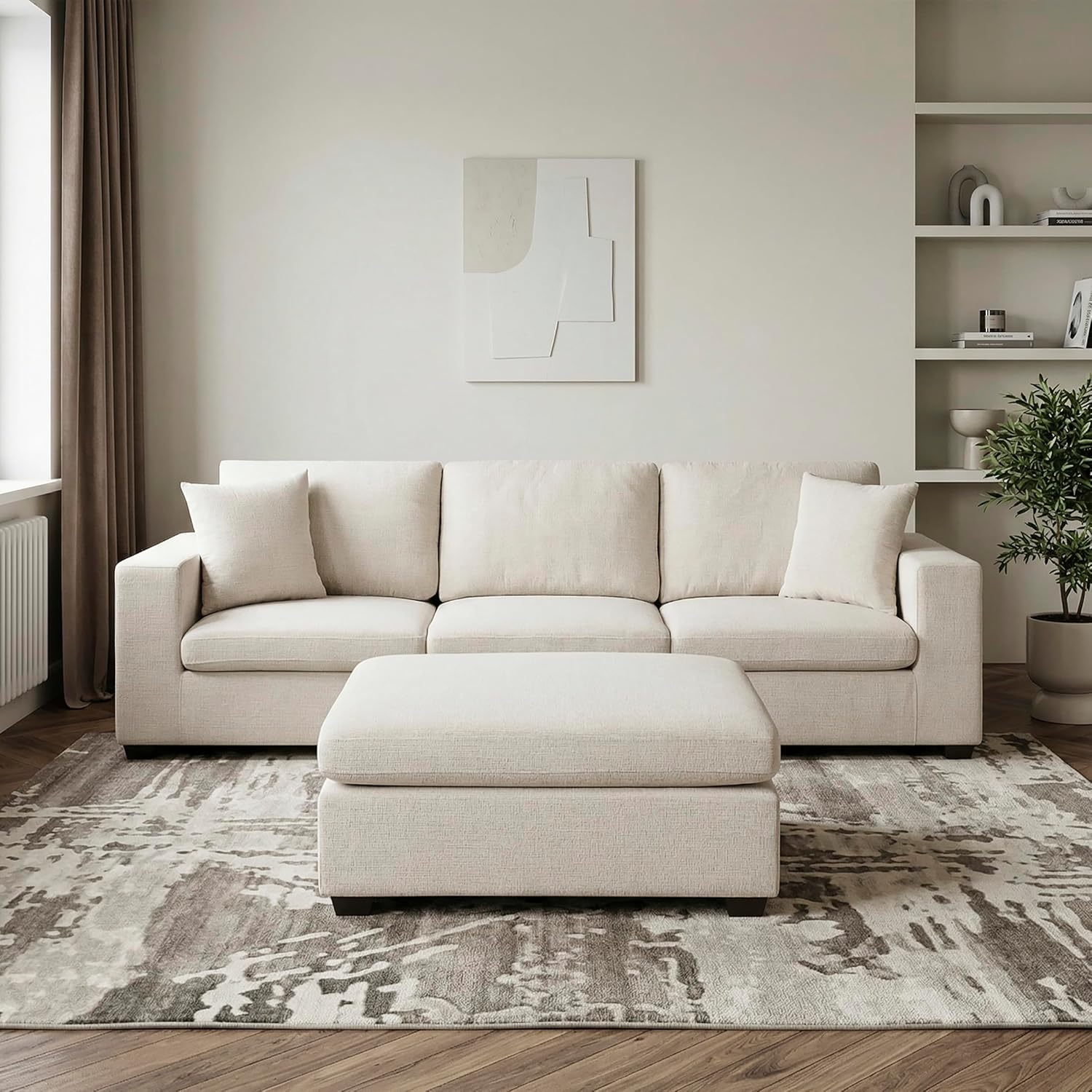 Lexicon 42 Inch Large Ottoman-Foot Rest, Modern Oversized Ottoman for Living Room, Very Soft Chenille Fabric Upholstered Extra Large Cushioned Top Coffee Table, Sturdy Modular, Apartment, Beige