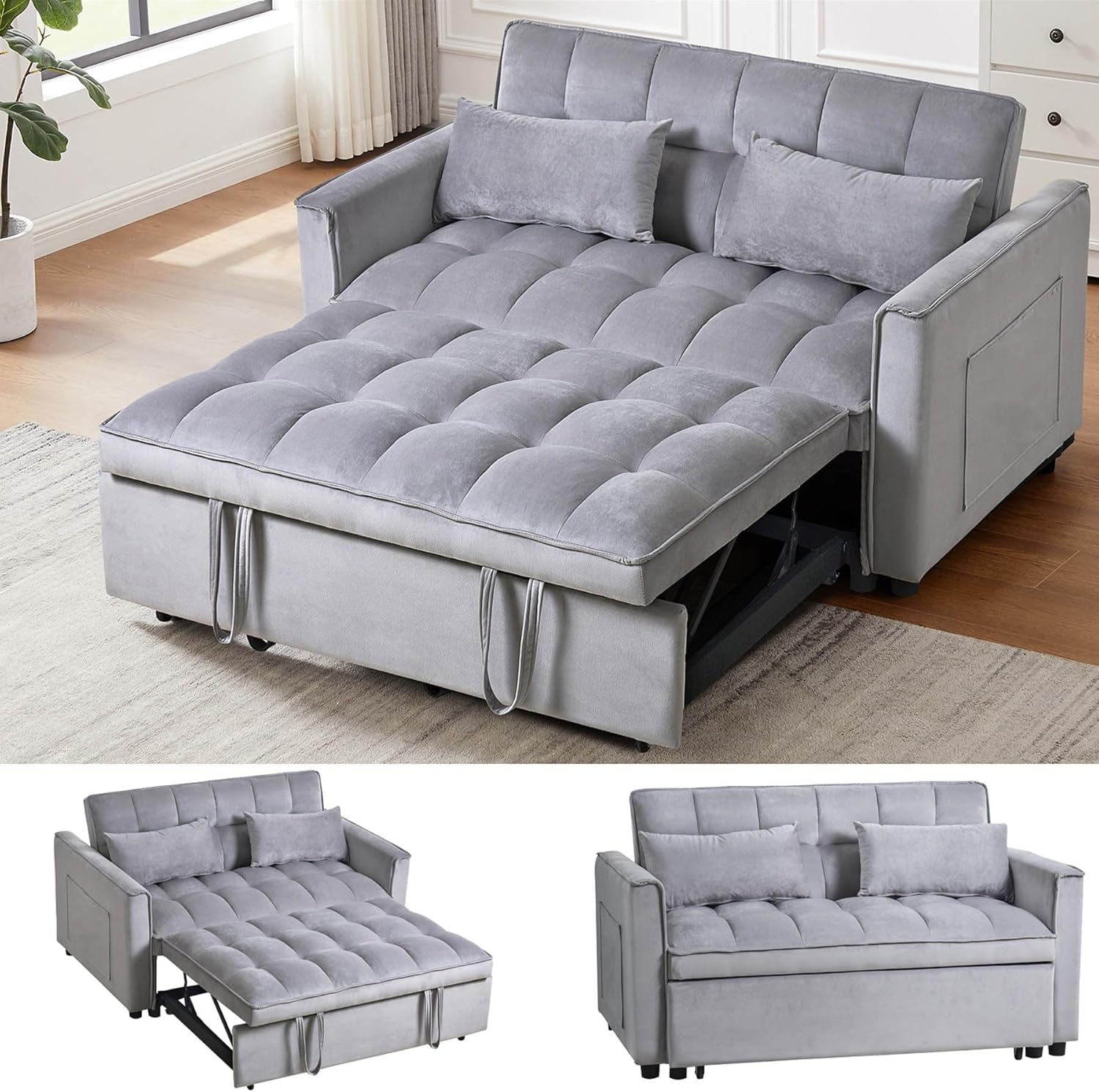 Modern Velvet Loveseat Futon Sofa Bed - 3-in-1 Convertible Sleeper with Reclining Backrest, Toss Pillows & Storage Pockets, Small Space Friendly Lounge Couch for Living Room/Guest Room, (Light Gray)