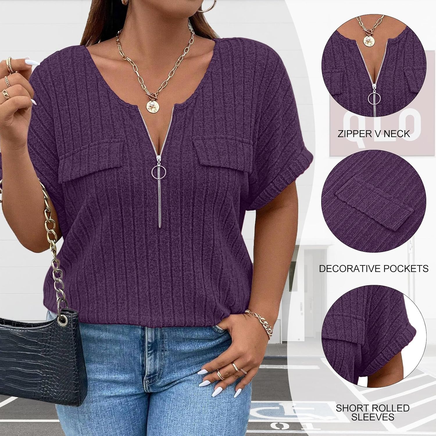 Viracy Plus Size Top for Women Short Sleeve Blouses Zip-up V Neck Top Womens Fashion 2025 Trendy Casual Work Shirt 1X-5X - Image 4