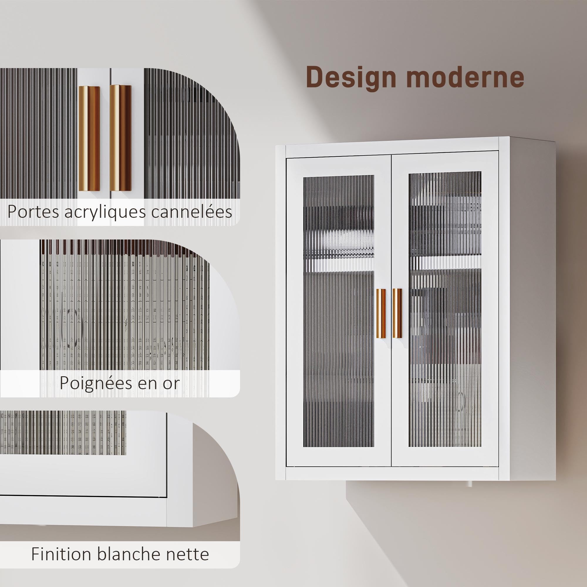 HOMCOM Armoire Murale de Salle de Bain métale, 40 x 14 x 50 cm, Meuble de Rangement Suspendu avec 2 Portes cannelées en Acrylique et étagère réglable, Métal, Blanc