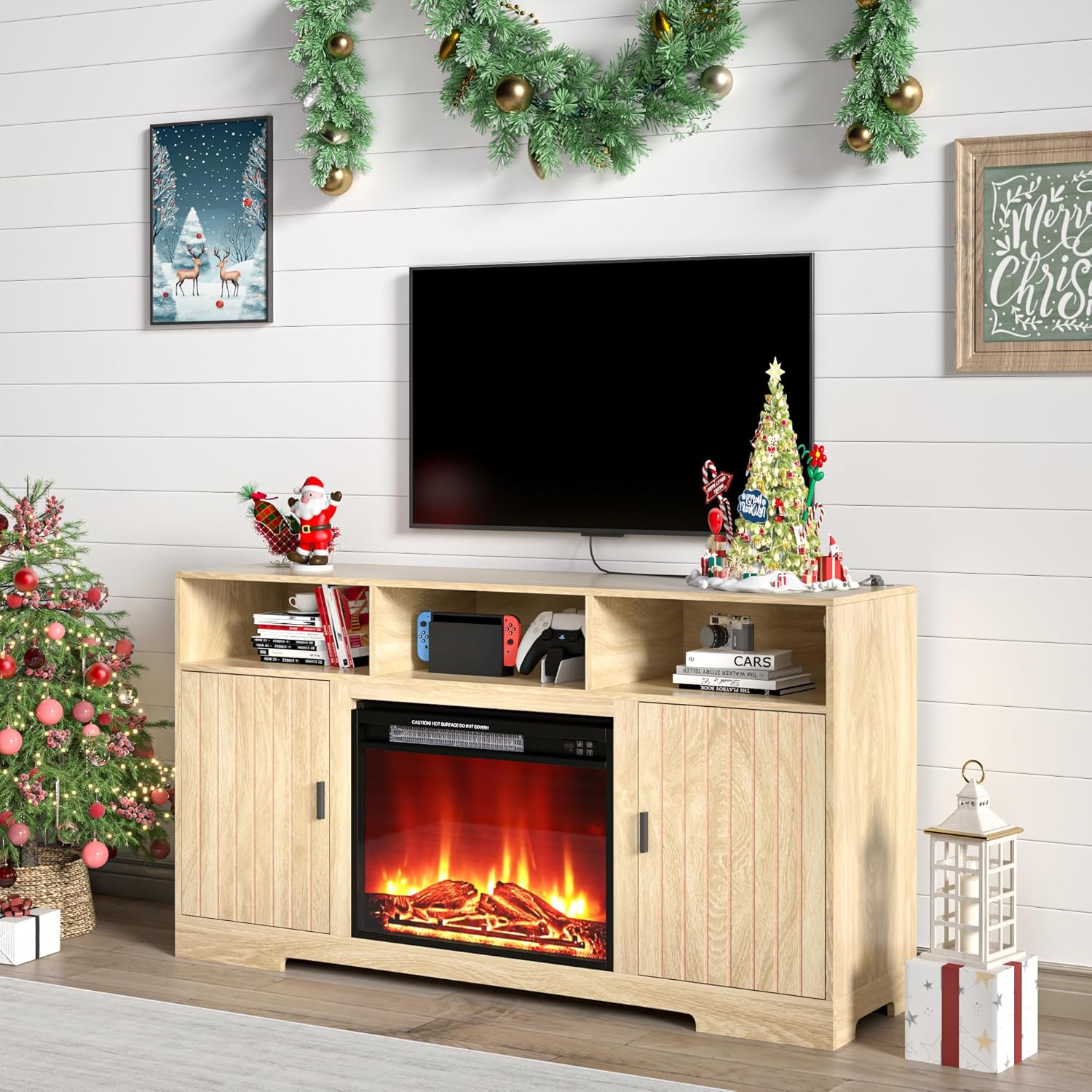 Farmhouse TV Stand with Fireplace, Entertainment Center with Storage Electric Fireplace TV Stand for 65 Inch TV, Boho Wood Fire Place, Wooden TV Stands for Living Room, Bedroom, Wood