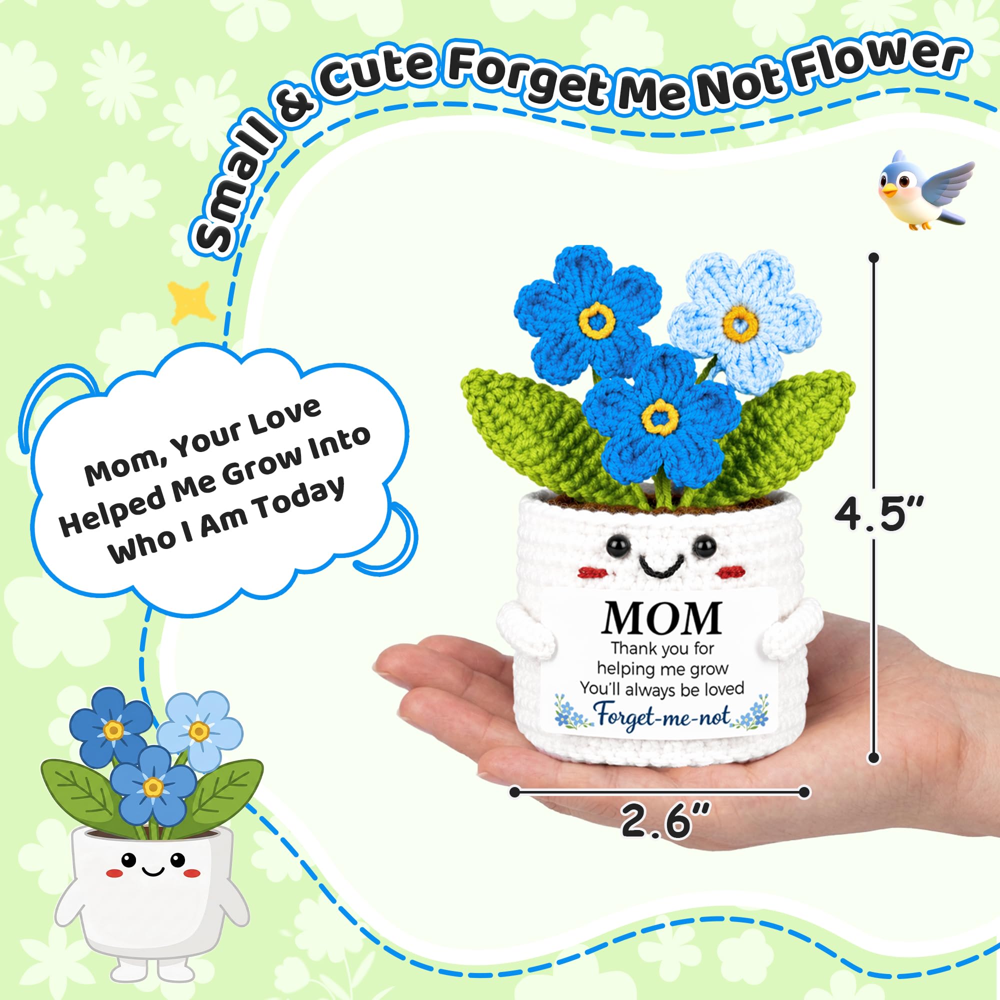 MUTUALUS Regali per mamma da figlia figlio, divertente regalo di compleanno per la festa della mamma, fatto a mano all'uncinetto non ti scordar di me, simpatico regalo significativo per mamma, regalo